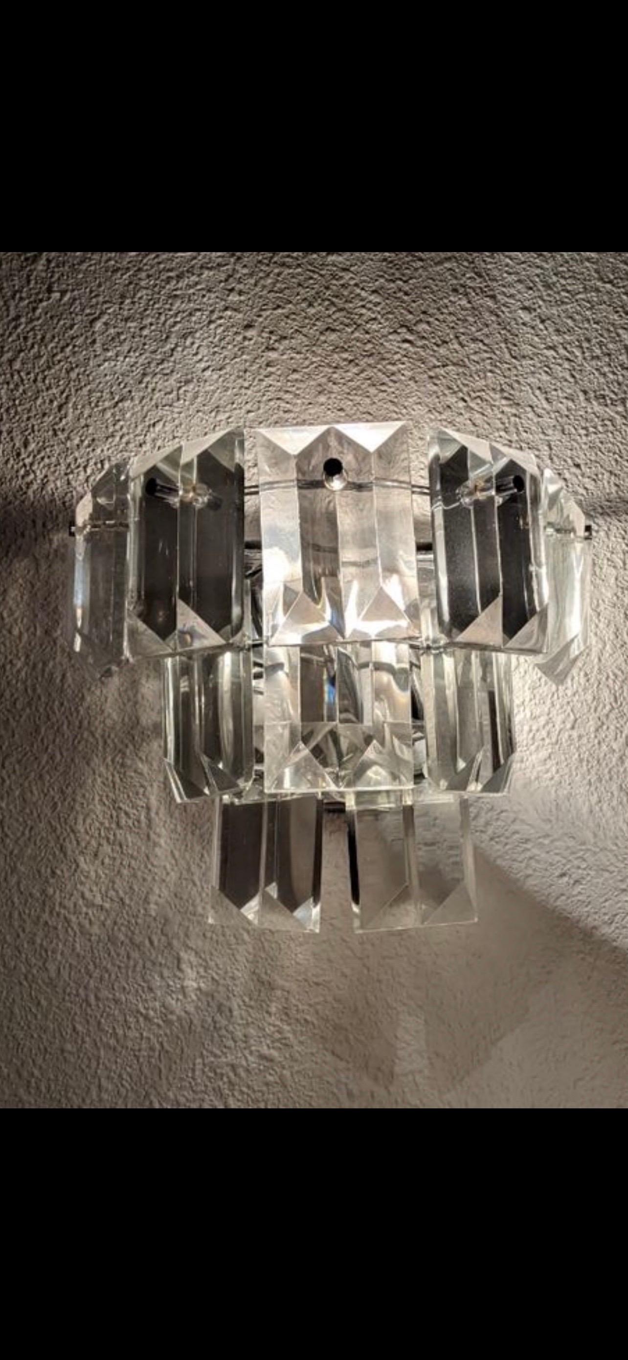 Mid-Century Modern Kinkeldey Wall Lighting Glass Cut PAIR with Brass Structure, Austria, 1970 For Sale