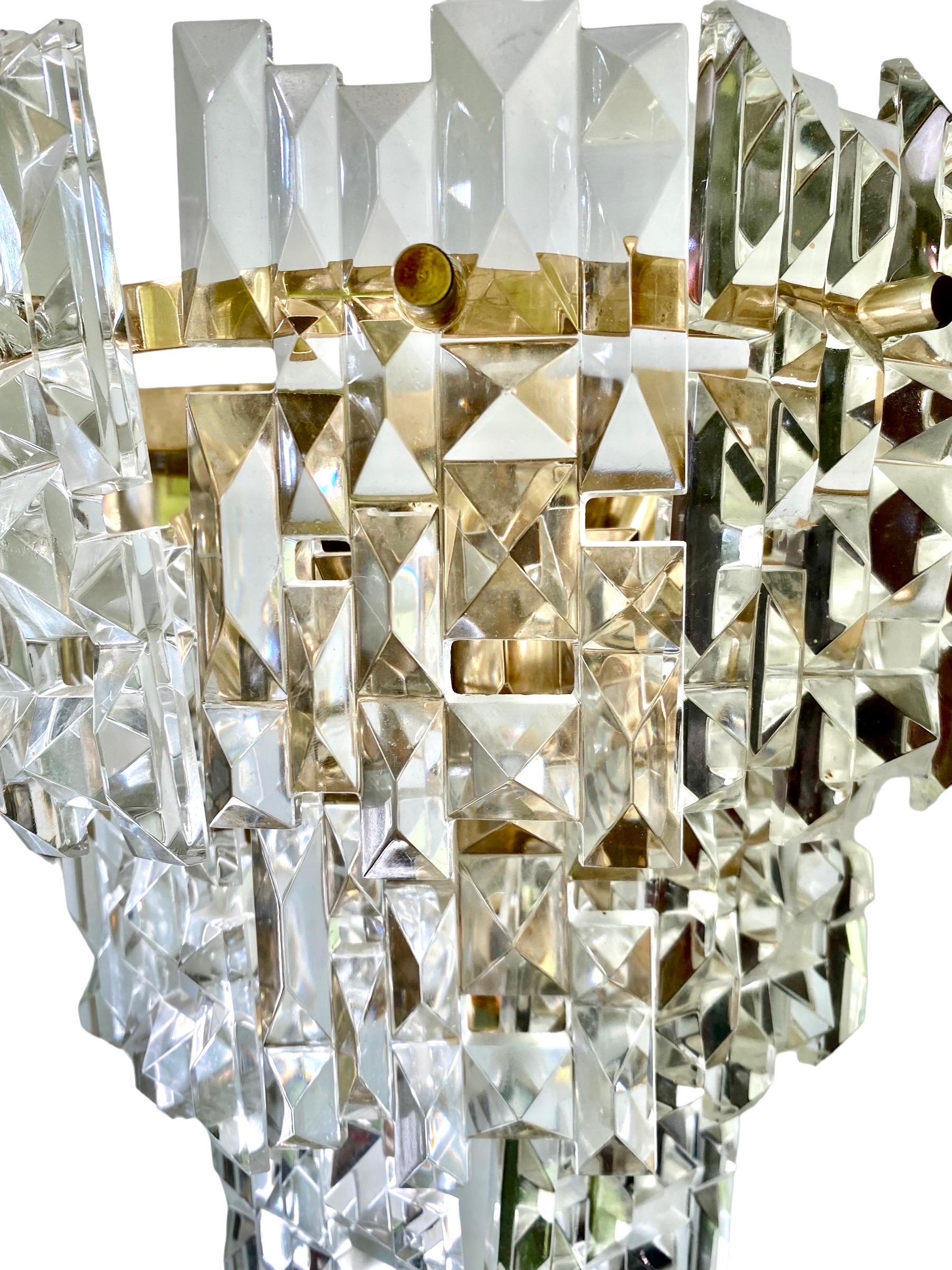 Austrian Kinkeldey Wall Lighting Glass Cut with Brass Structure, Austria, 1970 For Sale