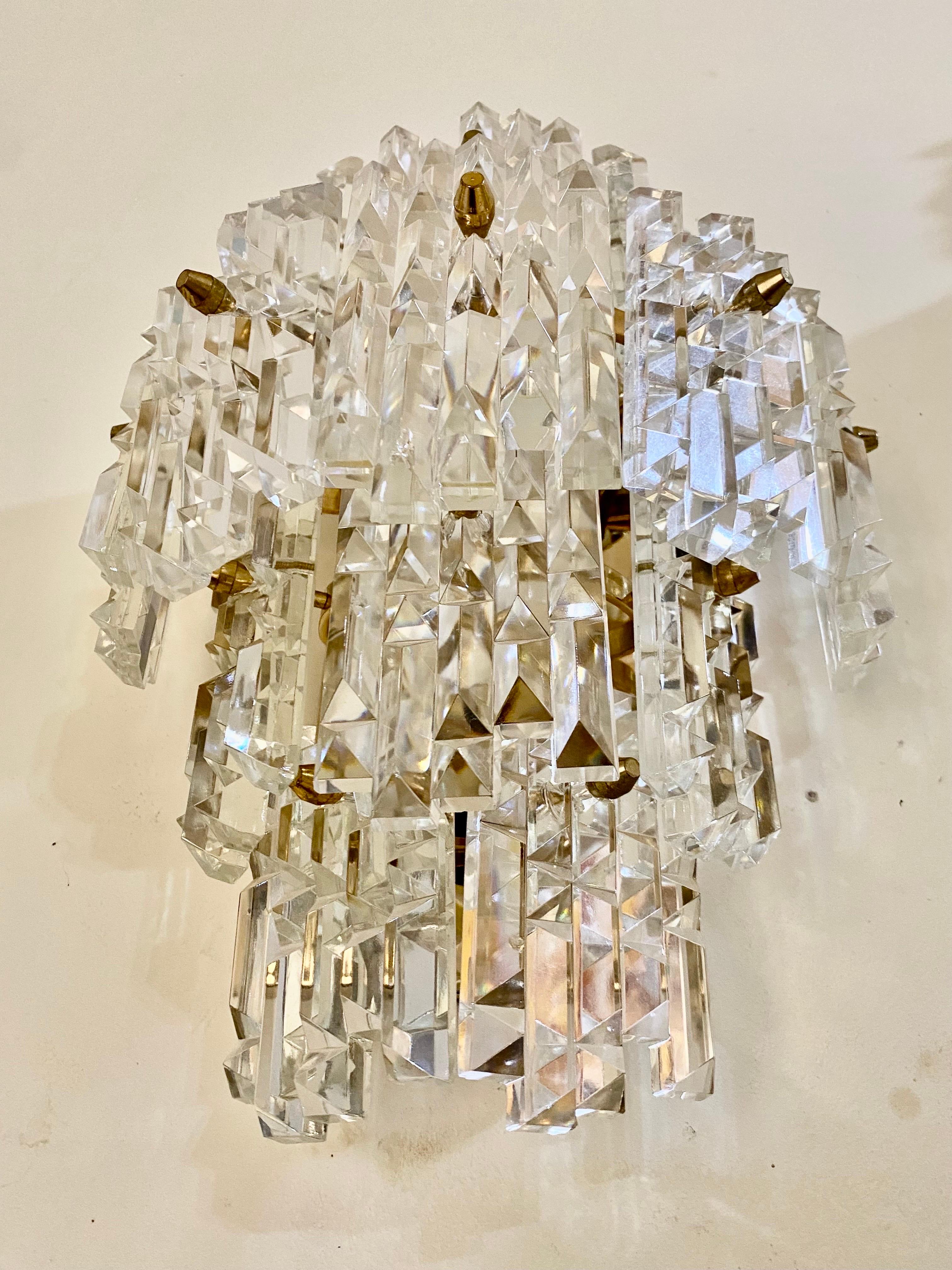 Kinkeldey Wall Lighting Glass Cut with Brass Structure, Austria, 1970 In Good Condition In DÉNIA, ES