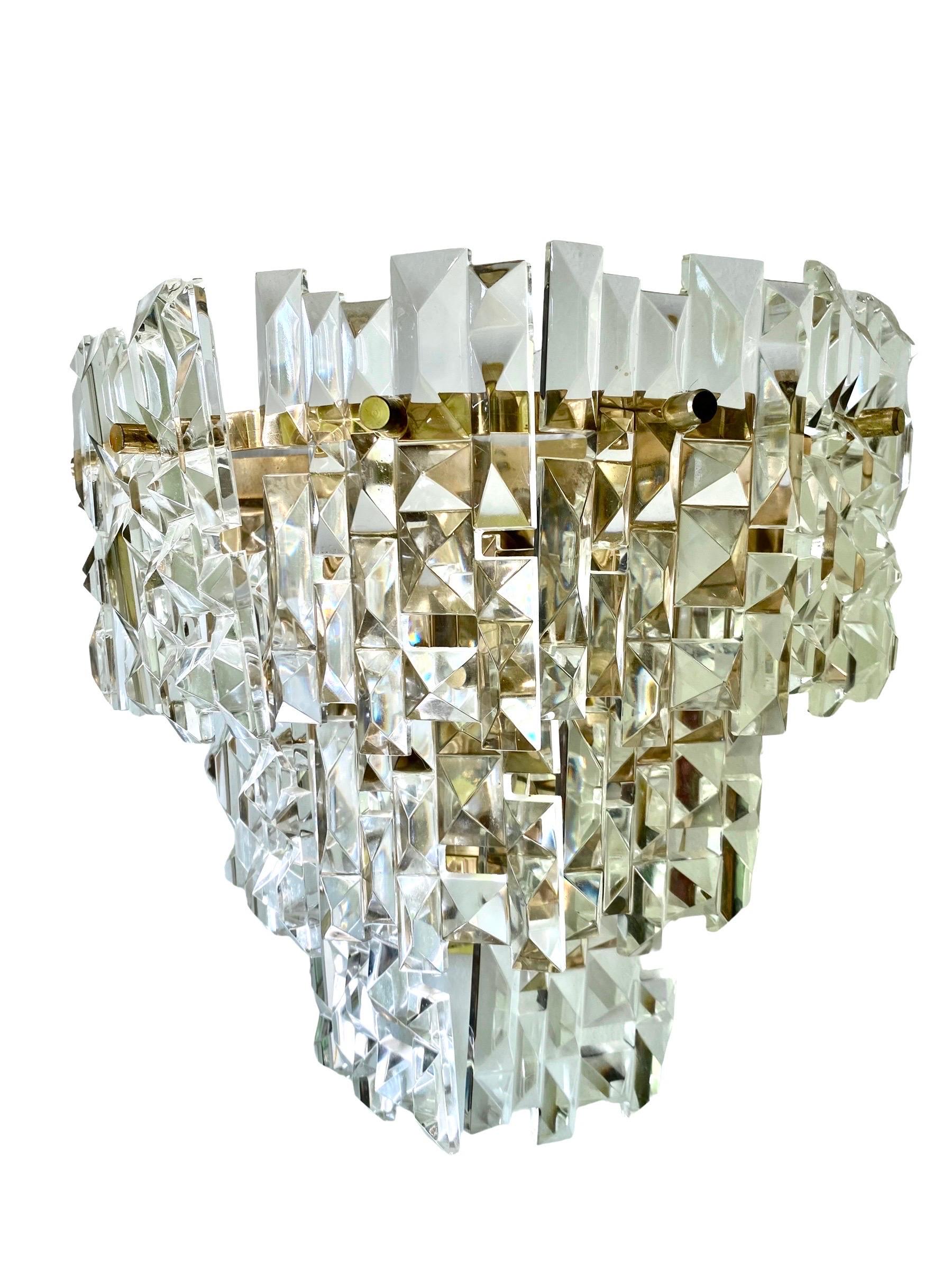 Late 20th Century Kinkeldey Wall Lighting Glass Cut with Brass Structure, Austria, 1970 For Sale