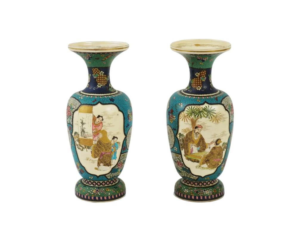 A large pair of antique Japanese Totai Shippo cloisonne enamel and Satsuma porcelain vases, Meiji era, 1868 to 1912. Of a baluster form, on the body is painted with butterflies to top, body is wired with turquoise ground floral patterns. Decorated