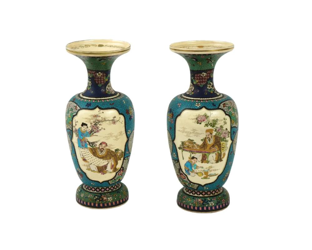 Cloissoné Kinkozan Japanese Cloisonne Enamel Totai Scholars Satsuma Signed Vases For Sale