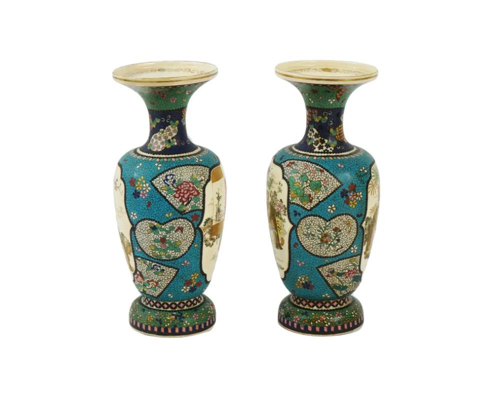 Kinkozan Japanese Cloisonne Enamel Totai Scholars Satsuma Signed Vases In Good Condition For Sale In New York, NY