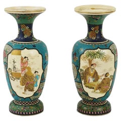 Antique Kinkozan Japanese Cloisonne Enamel Totai Scholars Satsuma Signed Vases