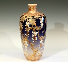 Kinkozan Satsuma Studio Japanese Pottery Butterflies Wisteria Vase Signed