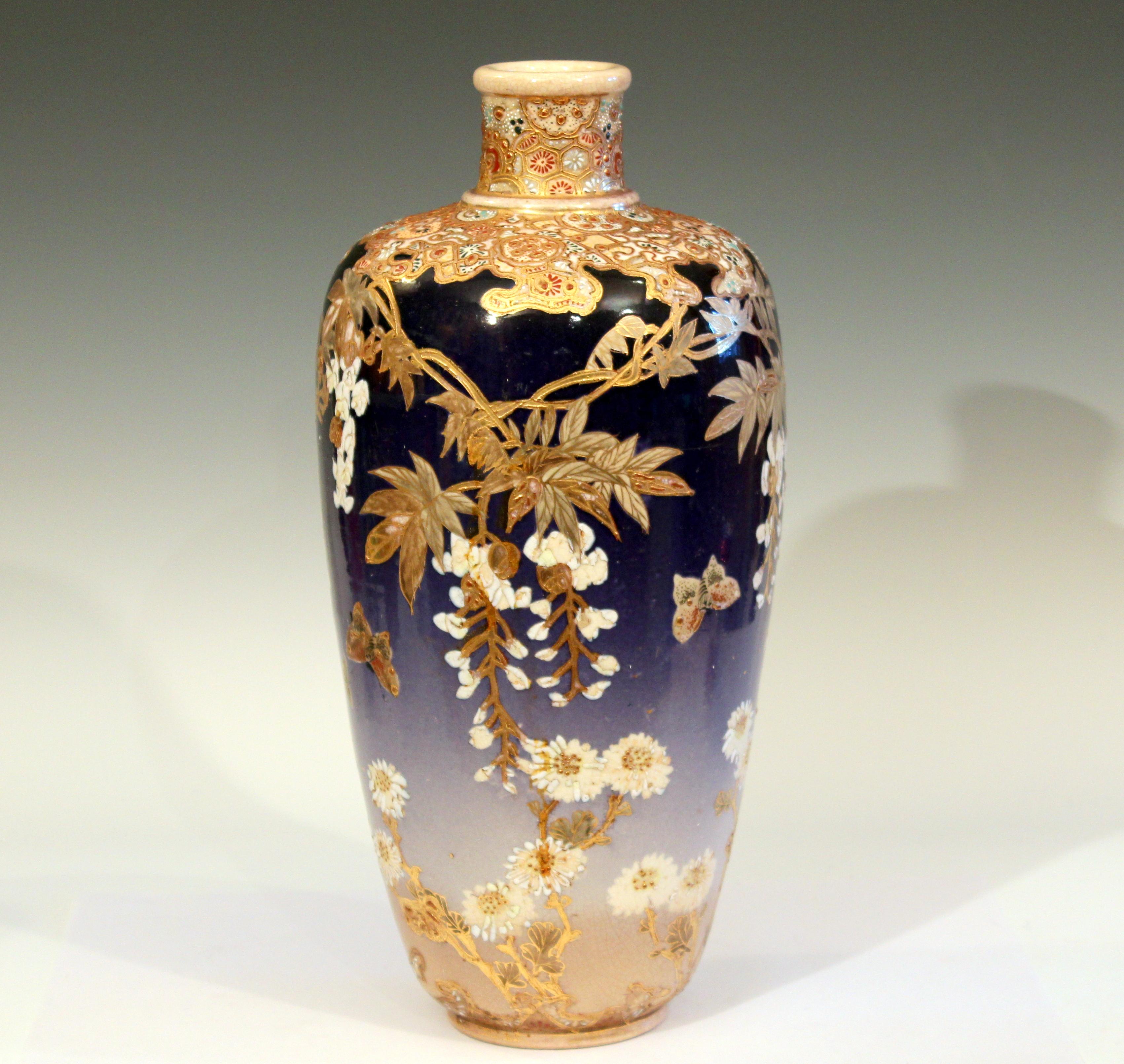 Kinkozan Satsuma Studio Japanese Pottery Butterflies Wisteria Vase Signed 2