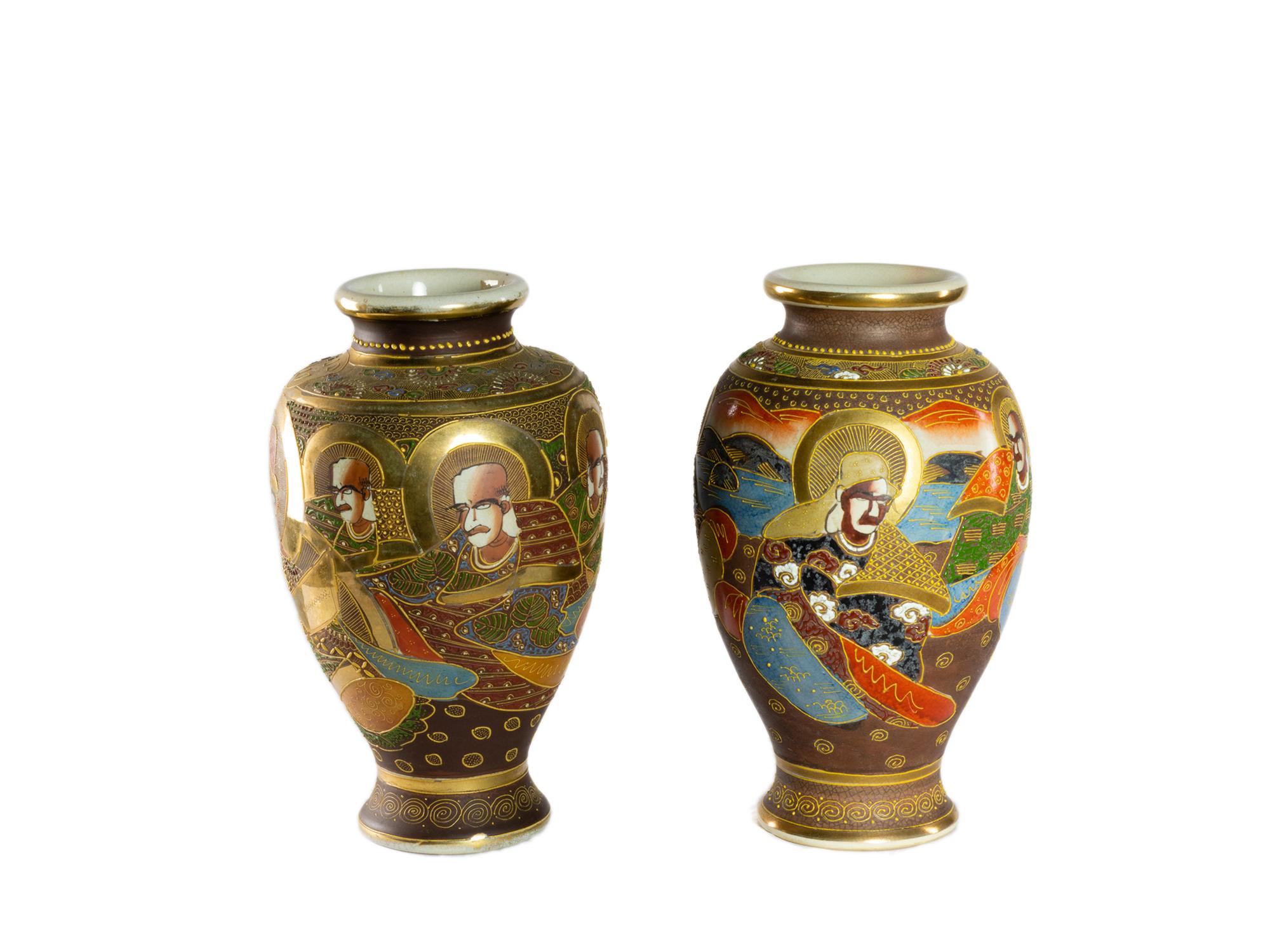 A pair of signed Sbei Kinkzan VII Satsuma polychrome porcelain vases with gold standard (kinrande) from Kyoto, Imperial City, Japan. Kyo Satsuma ceramics contain intricately detailed paintings that are wonderfully done in multicolored glazes and