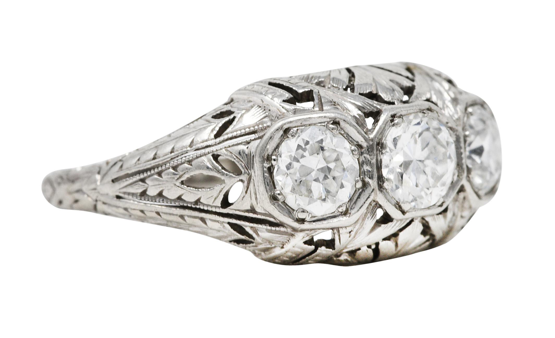 Kinscherf Art Deco 0.80 Carat Old European Cut Diamond Platinum Three Stone Ring In Excellent Condition For Sale In Philadelphia, PA