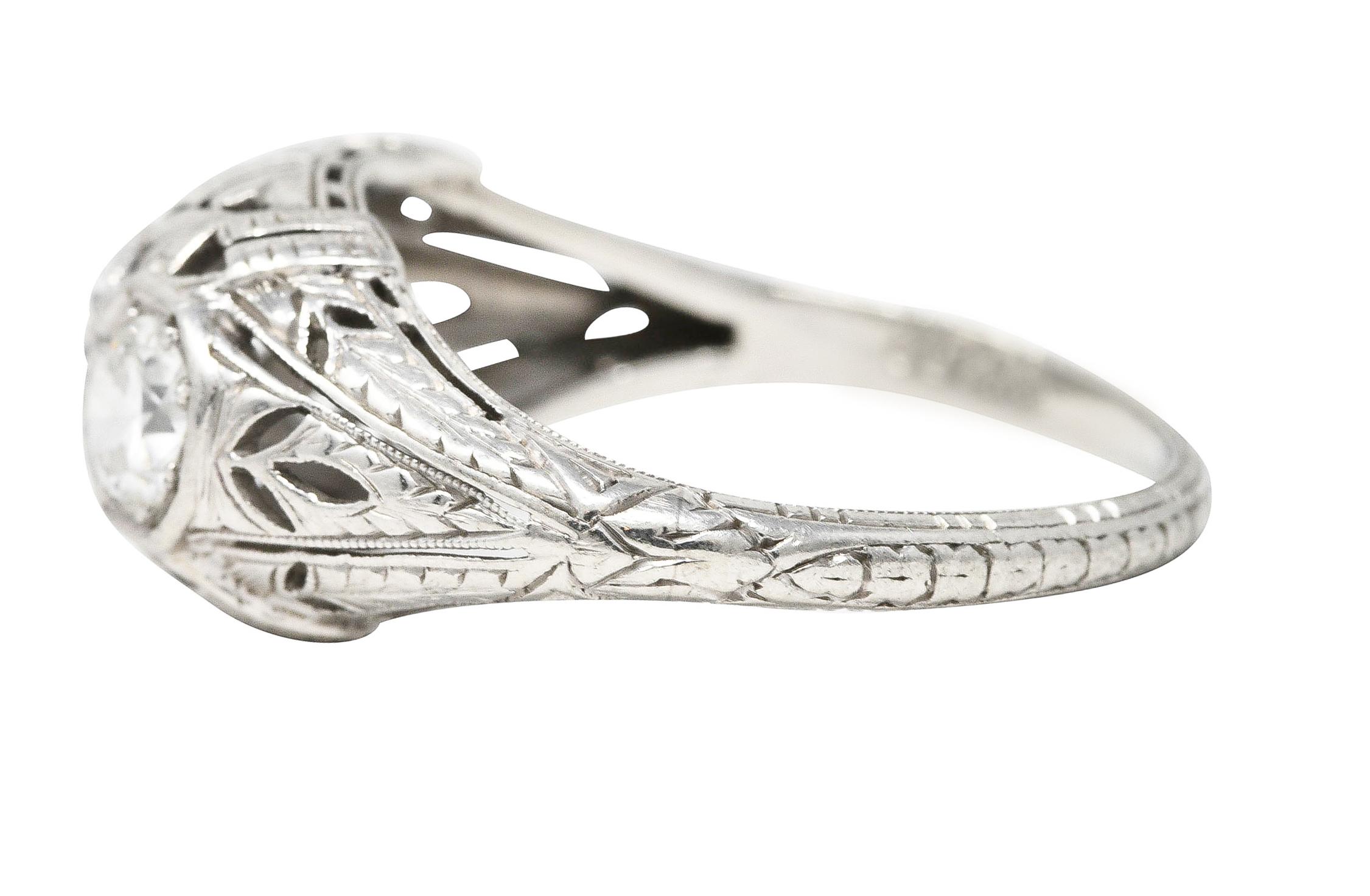 Women's or Men's Kinscherf Art Deco 0.80 Carat Old European Cut Diamond Platinum Three Stone Ring For Sale
