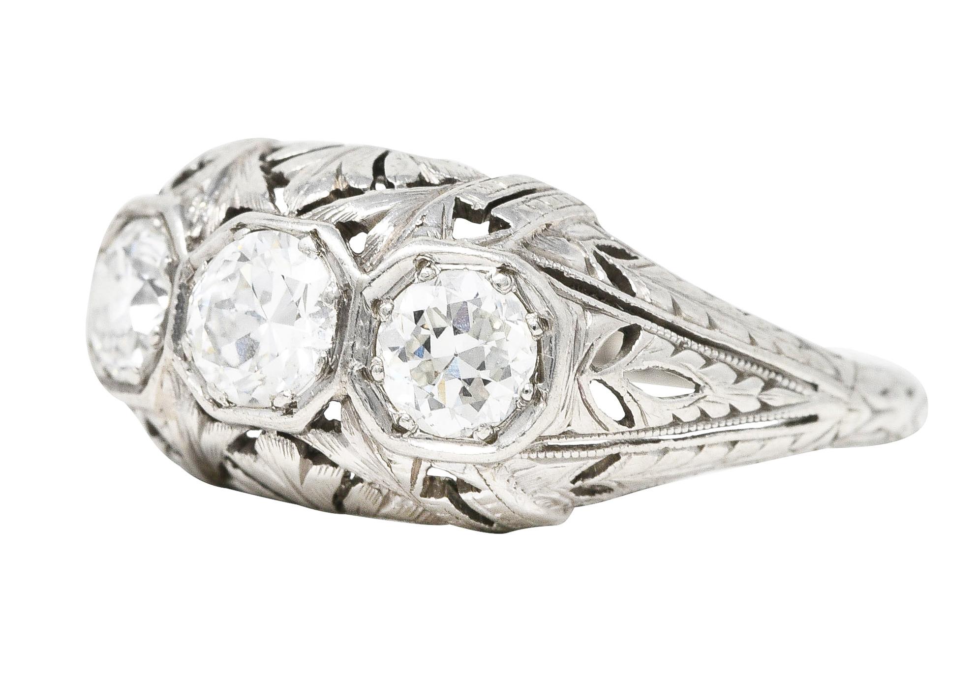 Kinscherf Art Deco 0.80 Carat Old European Cut Diamond Platinum Three Stone Ring For Sale 1