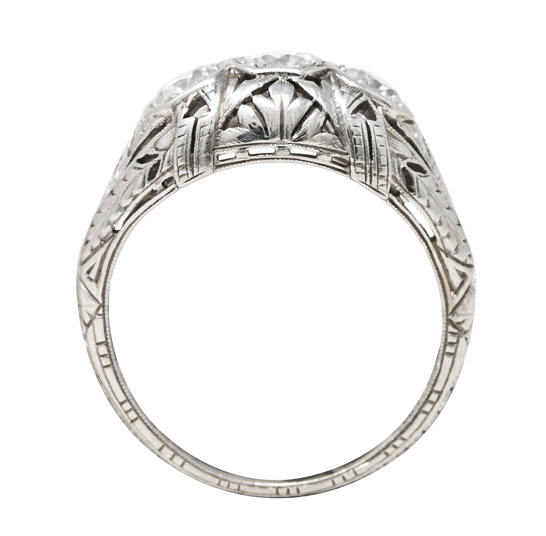 Kinscherf Art Deco 0.80 Carat Old European Cut Diamond Platinum Three Stone Ring For Sale 4