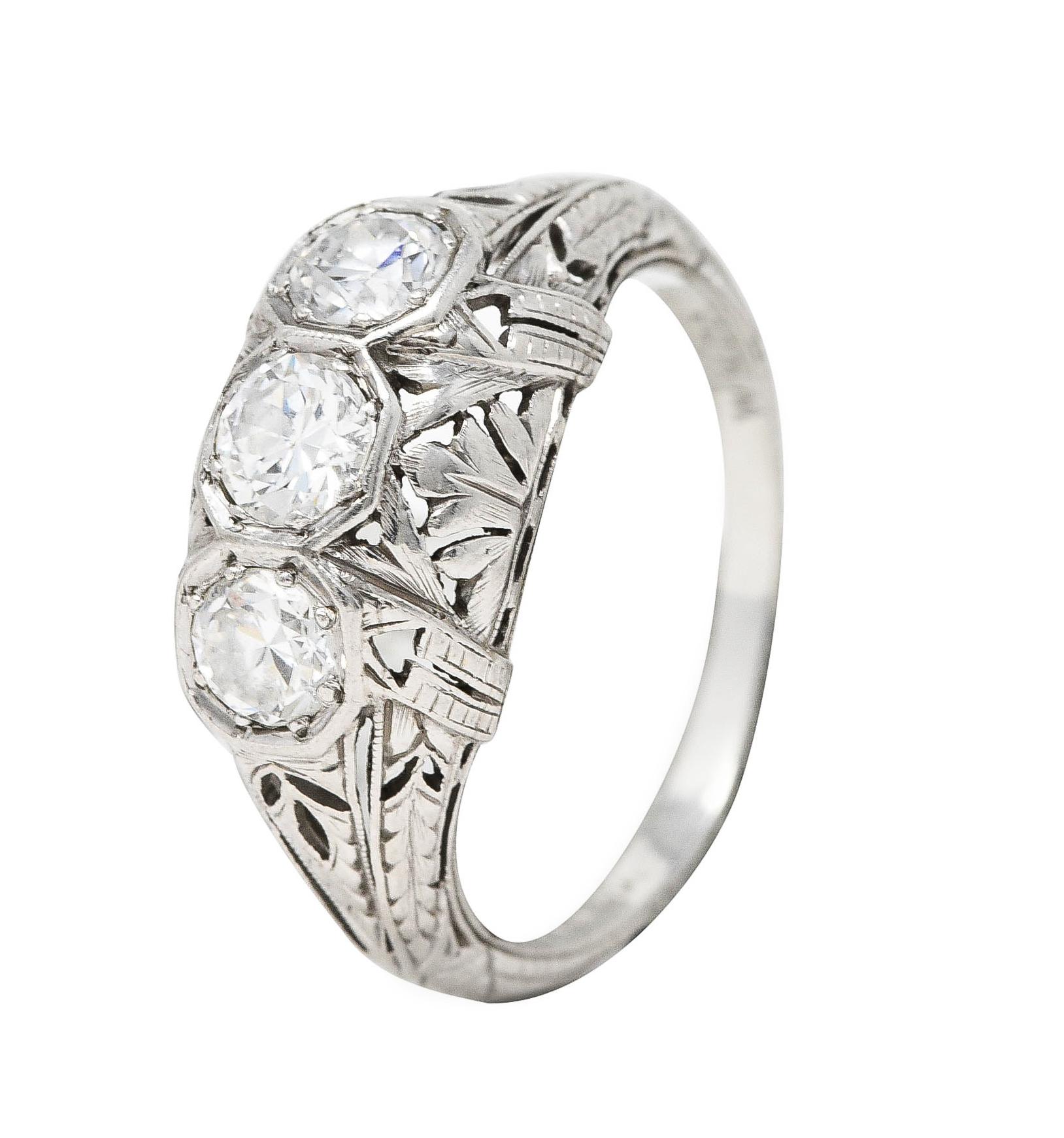 Kinscherf Art Deco 0.80 Carat Old European Cut Diamond Platinum Three Stone Ring For Sale 5