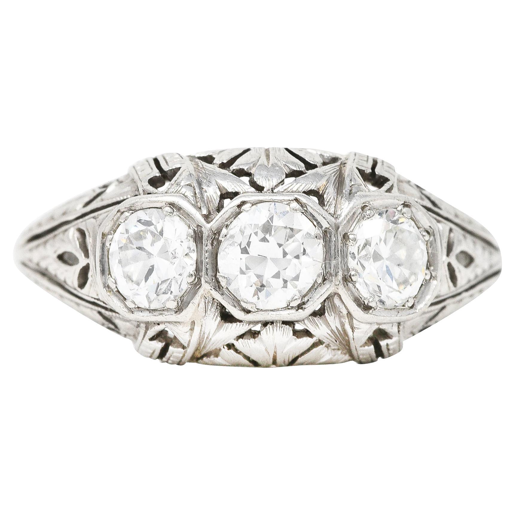 Kinscherf Art Deco 0.80 Carat Old European Cut Diamond Platinum Three Stone Ring For Sale