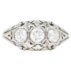 Kinscherf Art Deco 0.80 Carat Old European Cut Diamond Platinum Three Stone Ring