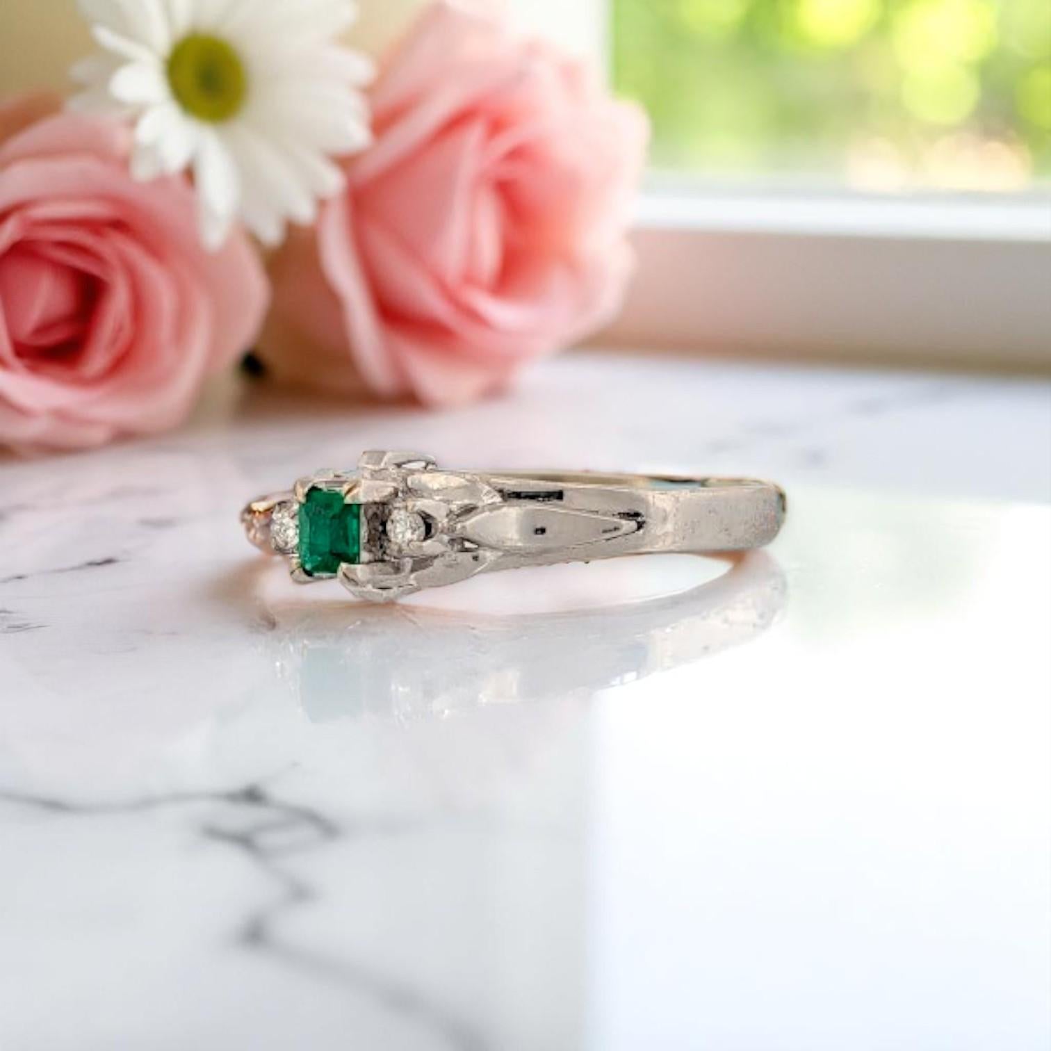Emerald Cut Kinsley  14k White Gold Ring with .35 ct Emerald-Cut Natural Emerald For Sale
