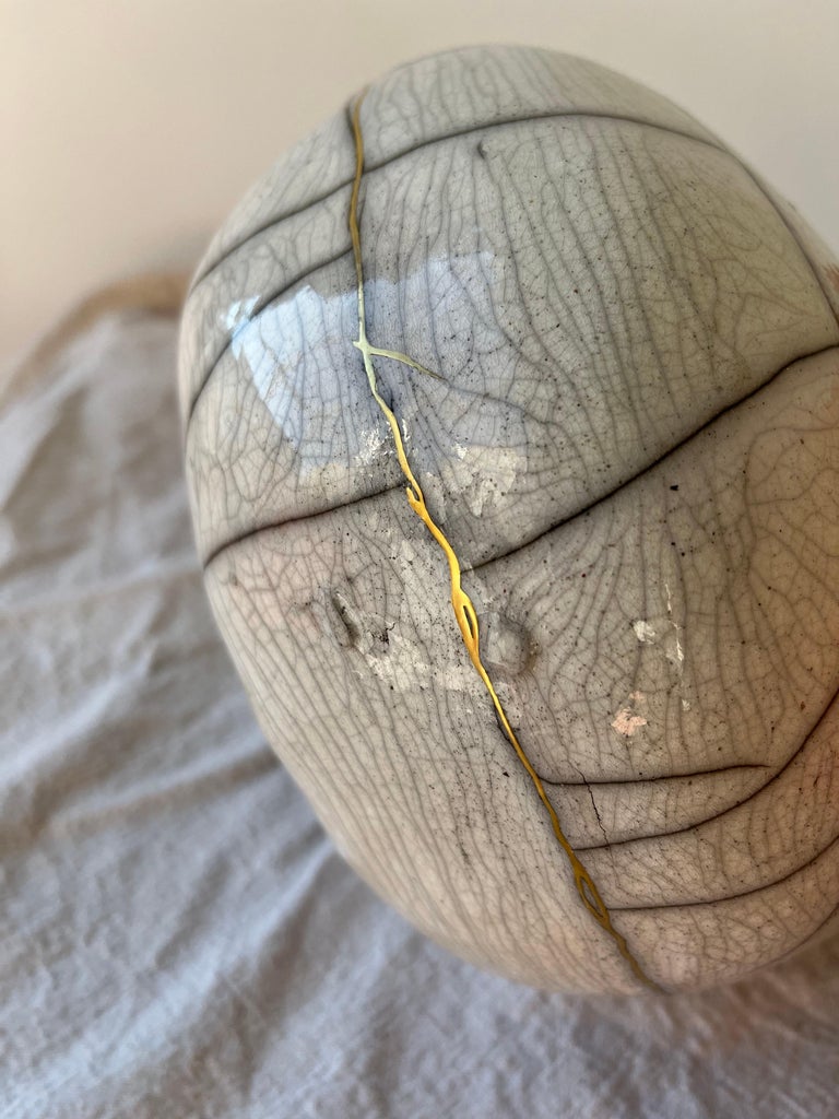 22k Gold KintsugiRepaired Raku Fired Decorative Moon Vase For Sale at