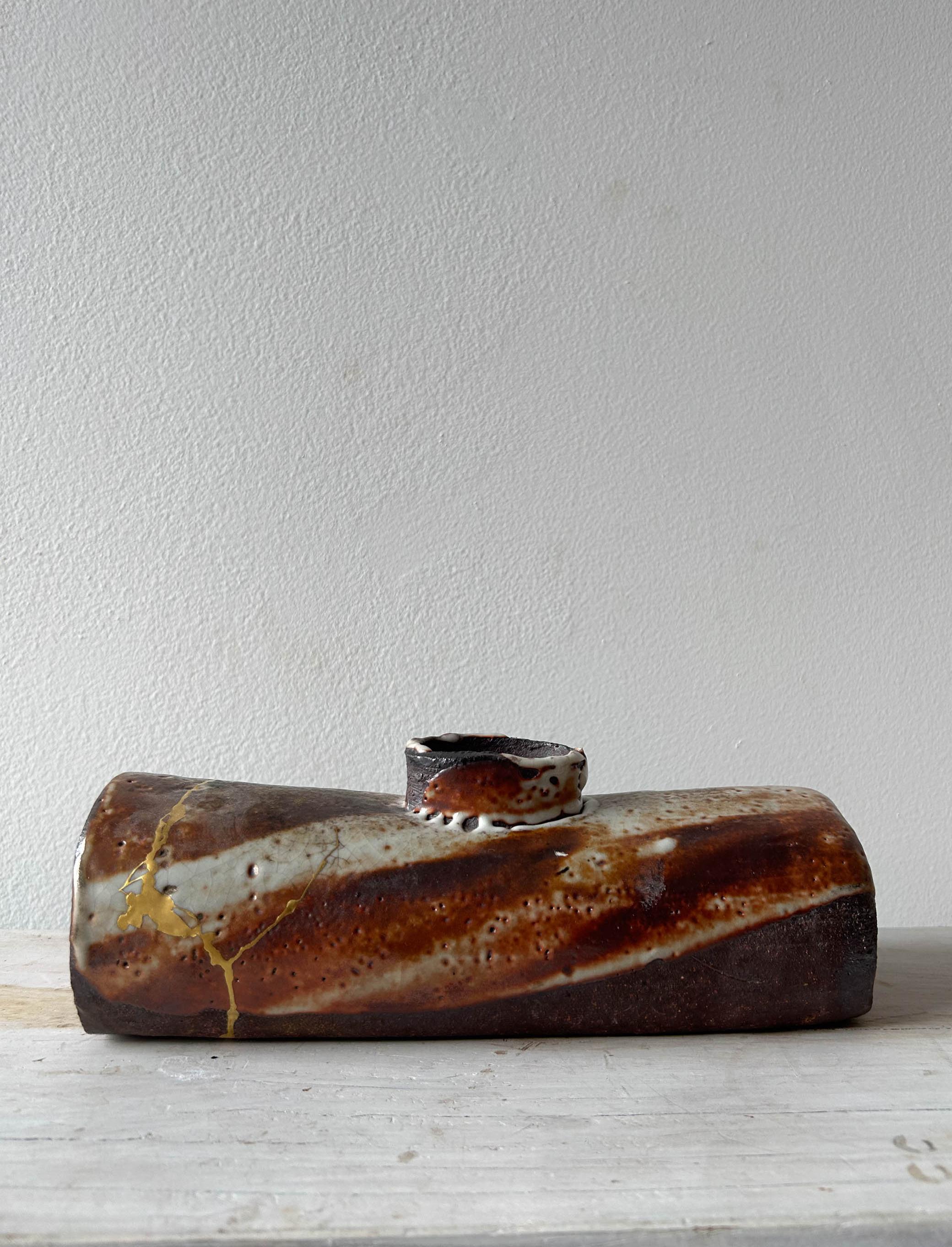 Organic Modern Kintsugi-repaired Woodfired Long Vase For Sale