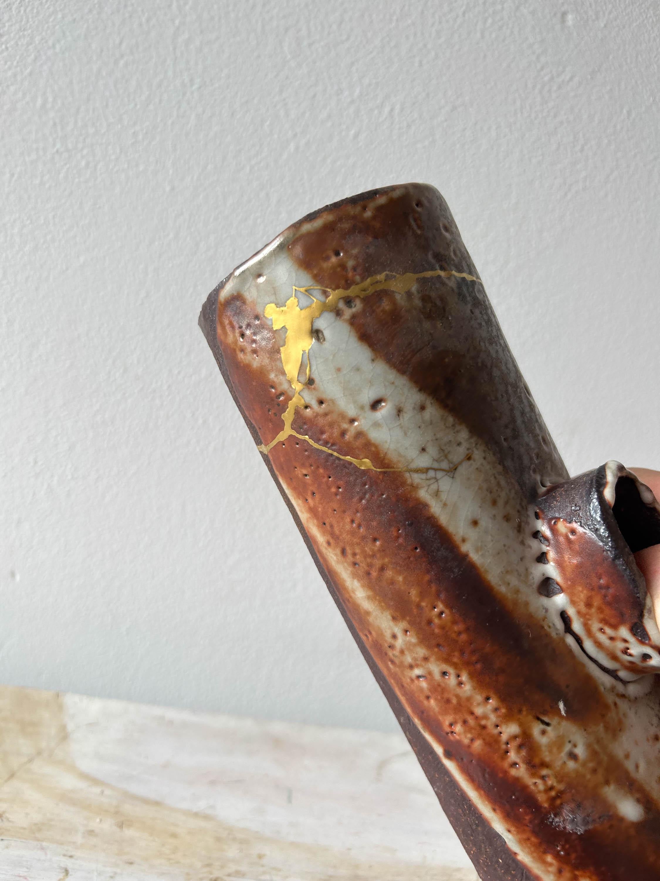 American Kintsugi-repaired Woodfired Long Vase For Sale
