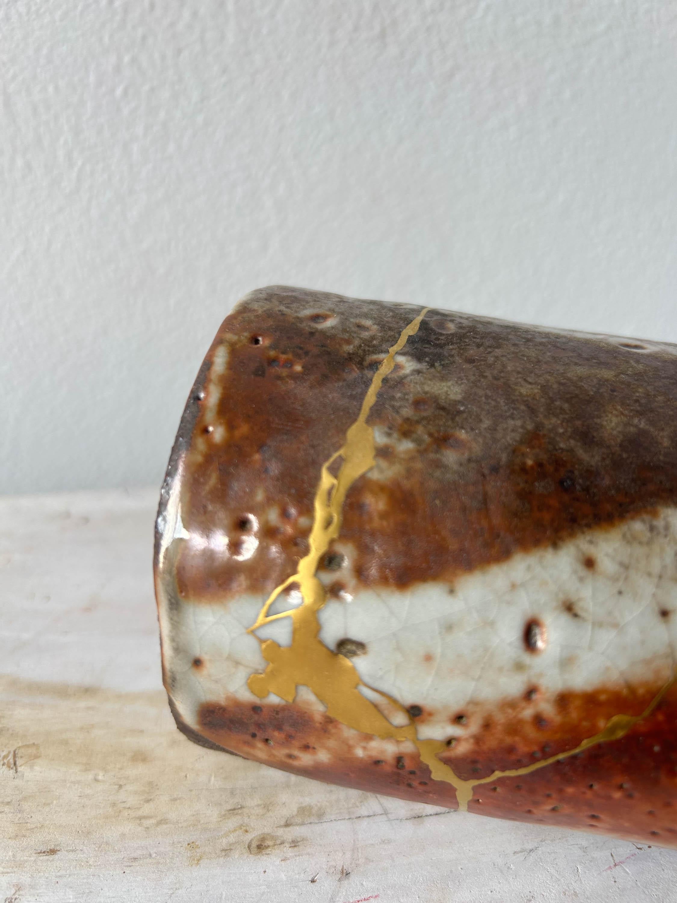 Contemporary Kintsugi-repaired Woodfired Long Vase For Sale