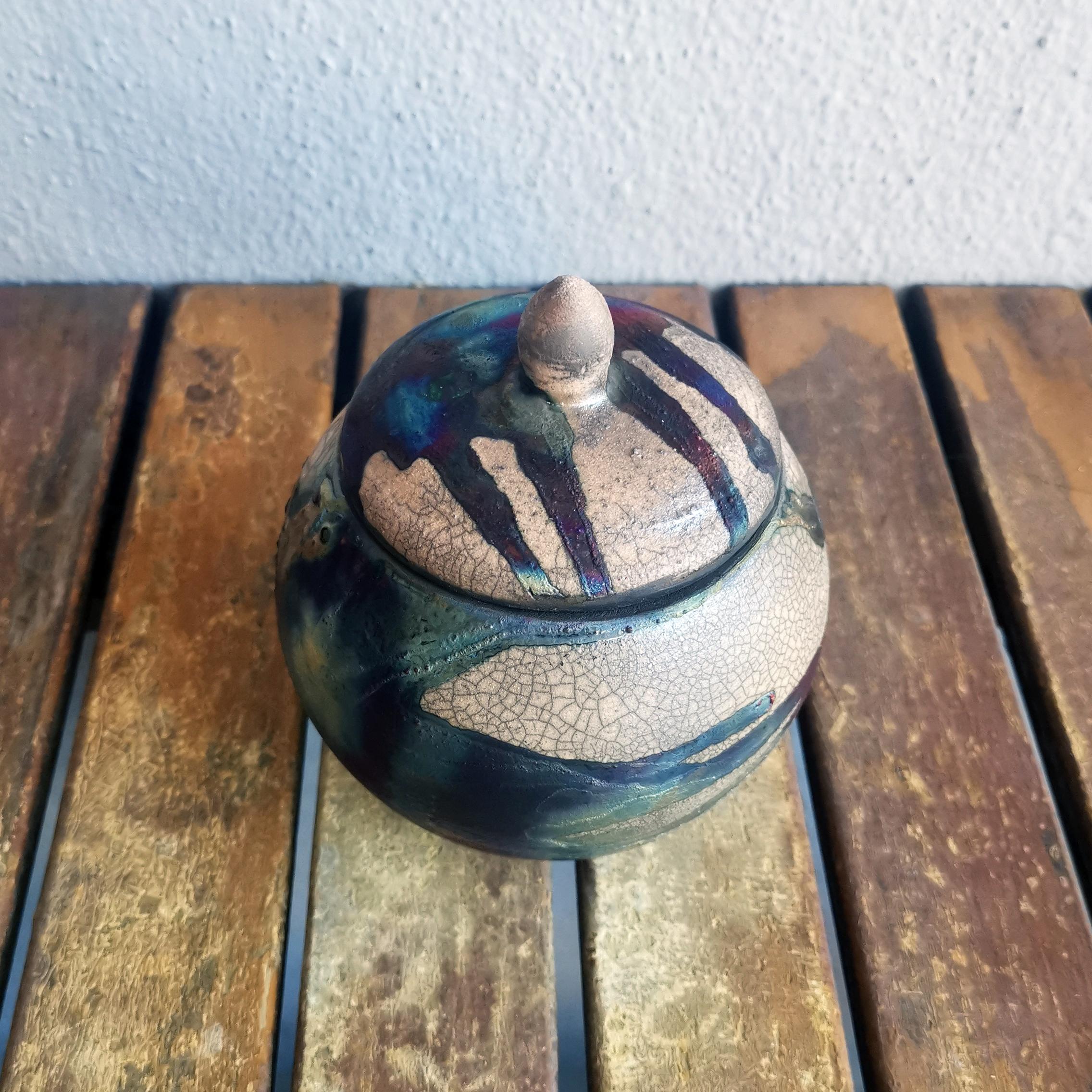 Modern Kioku Small Ceramic Urn, Half Copper Matte, Ceramic Raku Pottery For Sale