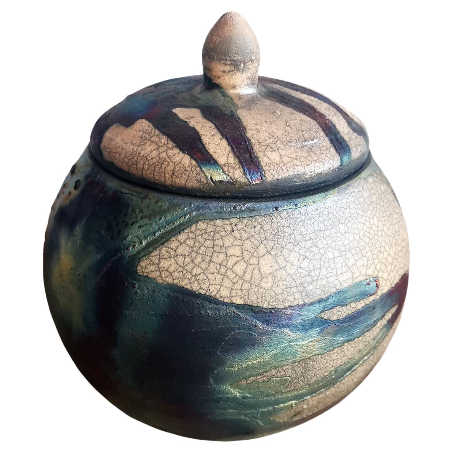 Kioku Small Ceramic Urn, Half Copper Matte, Ceramic Raku Pottery For Sale