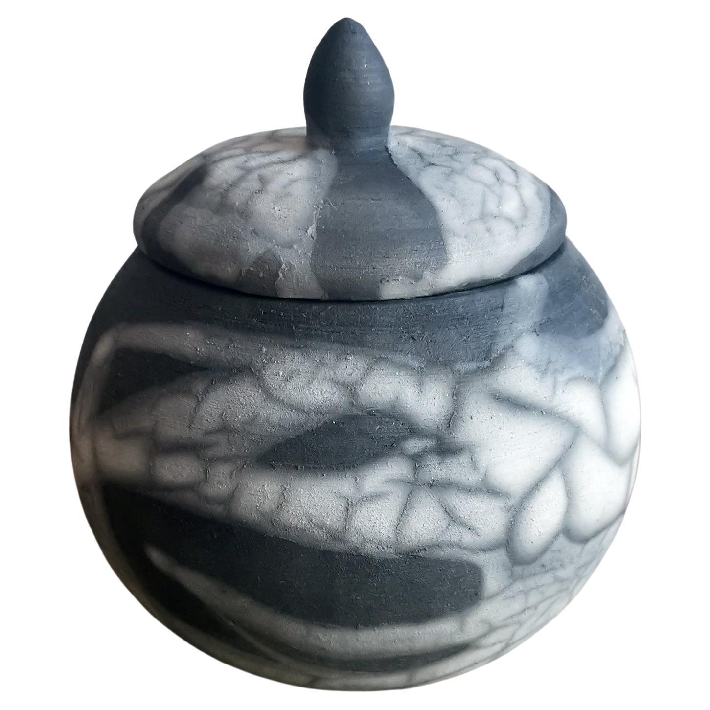 Kioku Small Ceramic Urn, Smoked Raku, Ceramic Raku Pottery For Sale