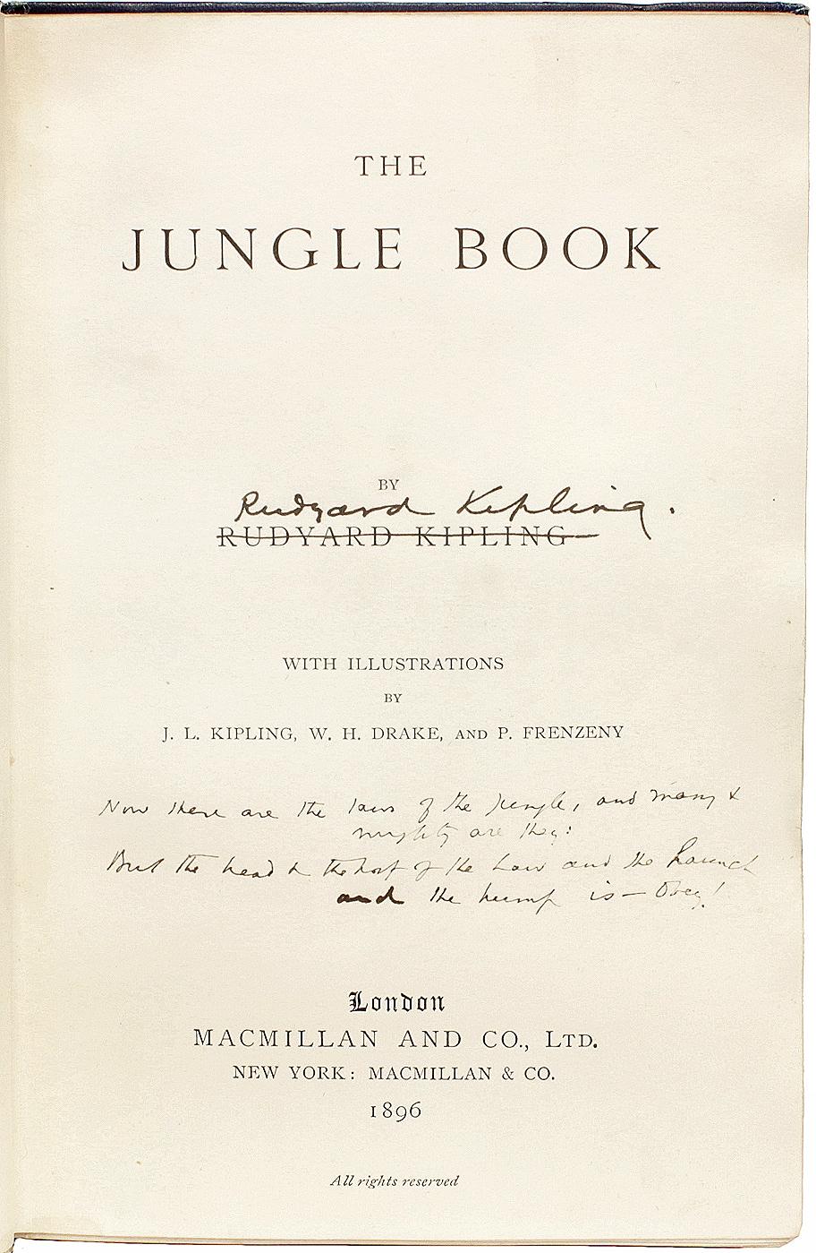 British KIPLING. Jungle Book. Second Jungle Book. JUNGLE BOOK SIGNED WITH A 4 LINE QUOTE For Sale