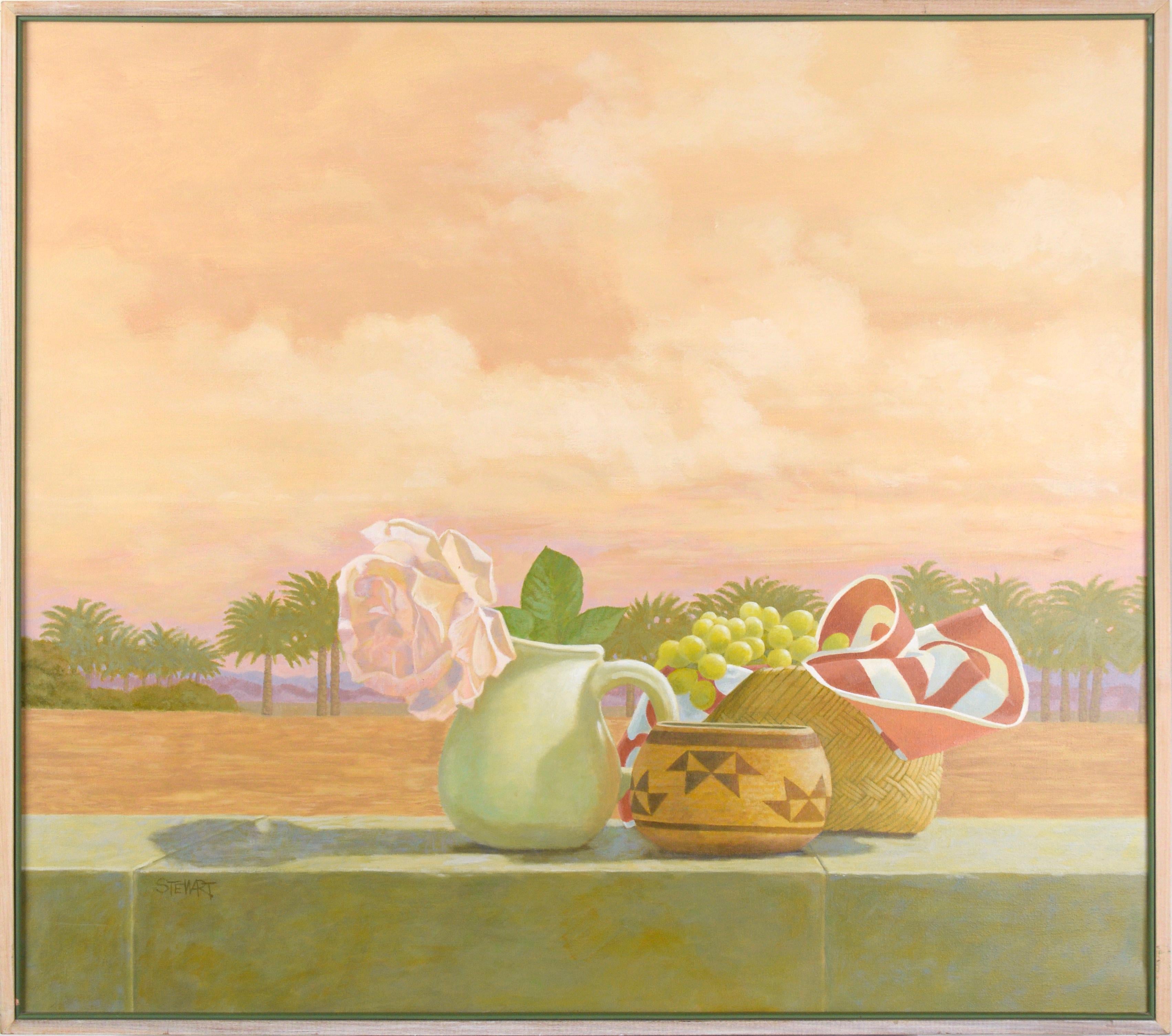 Still-Life Painting de Kipp Stewart - "Rosa del desierto" - Bodegón sobre muro de contención con paisaje de fondo