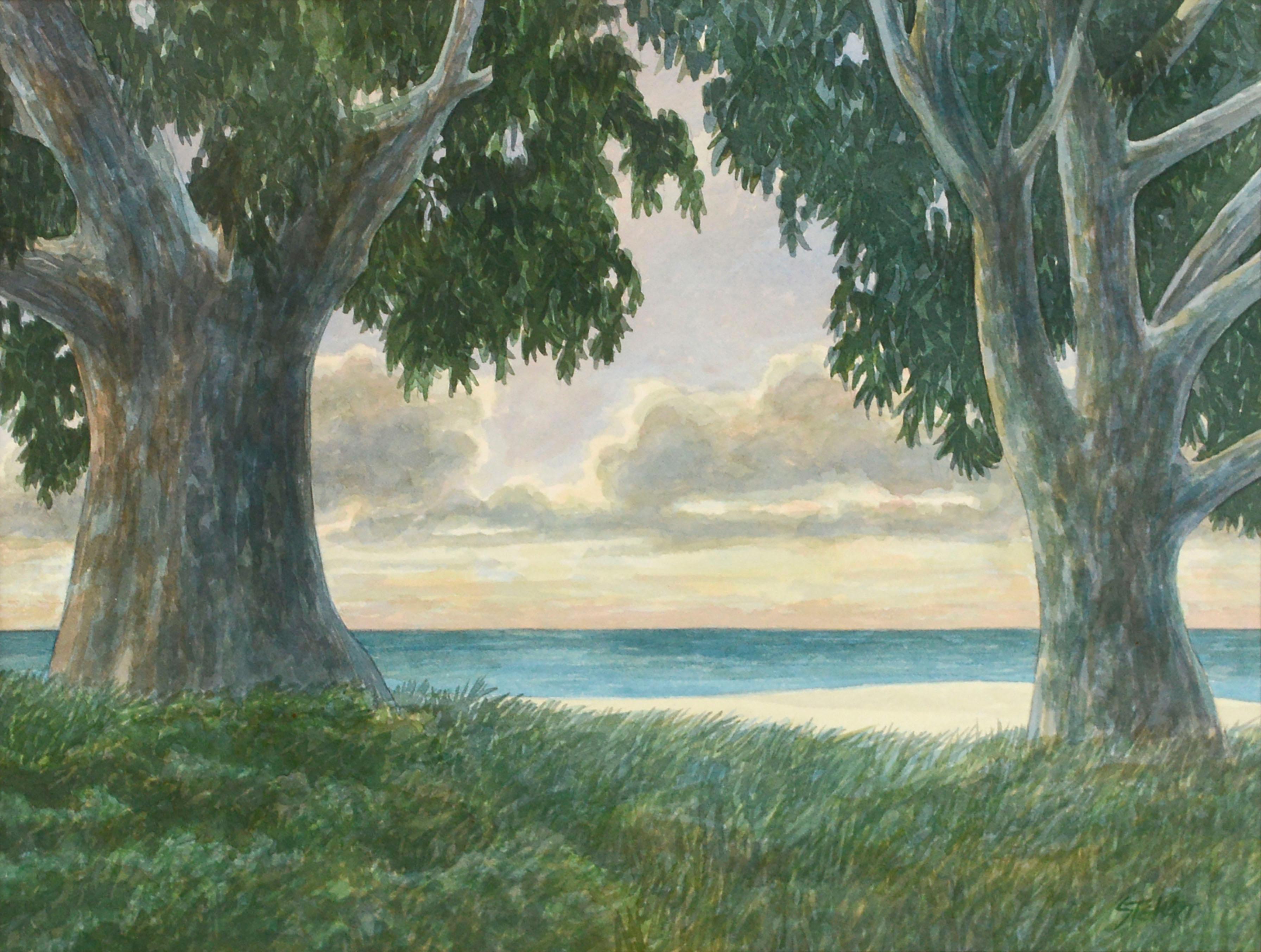 Aquarelle d'un paysage côtier coucher de soleil en eucalyptus de Kipp Stewart en vente 1