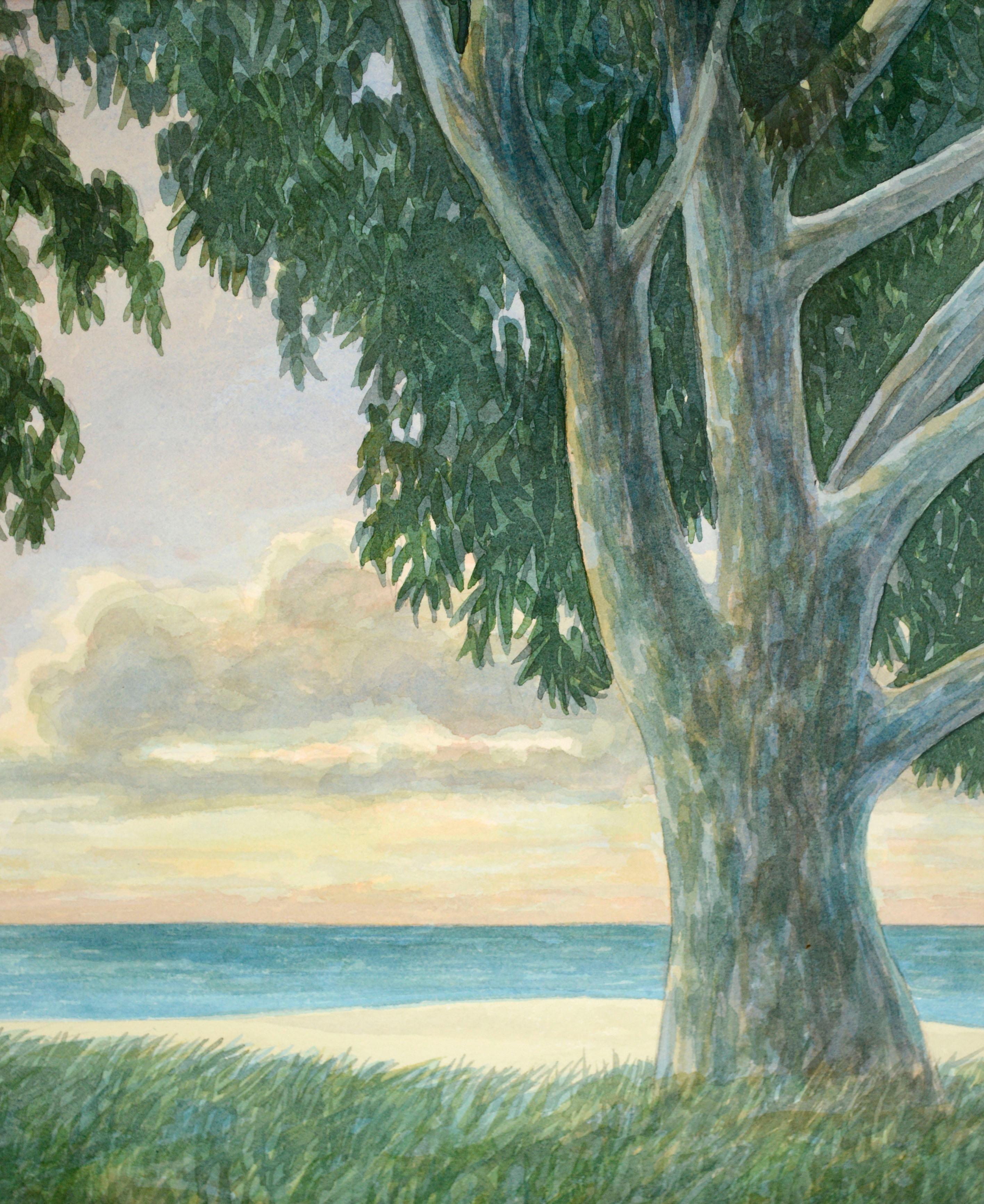 Eucalyptus Trees, Sunset Coastal Landscape Watercolor by Kipp Stewart For Sale 1