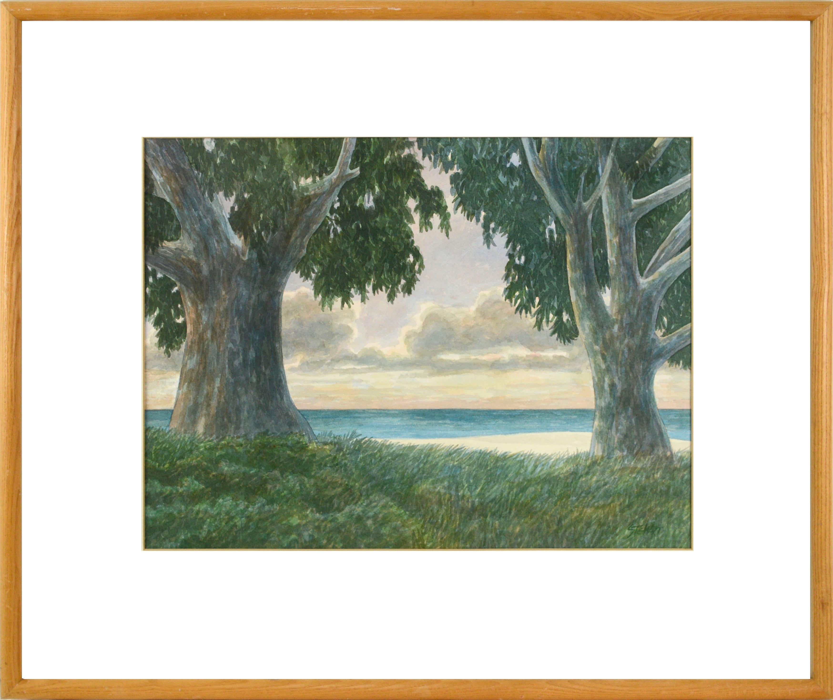 "Shoreline", paysage côtier moderne

Eucalyptus, coucher de soleil Paysage côtier Aquarelle de Kipp Stewart (Américain, né en 1928), fin du 20e siècle. Cette scène vivante utilise une palette polychrome douce et rêveuse de jaune doré, de violet