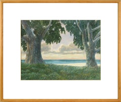 Vintage Eucalyptus Trees, Sunset Coastal Landscape Watercolor by Kipp Stewart