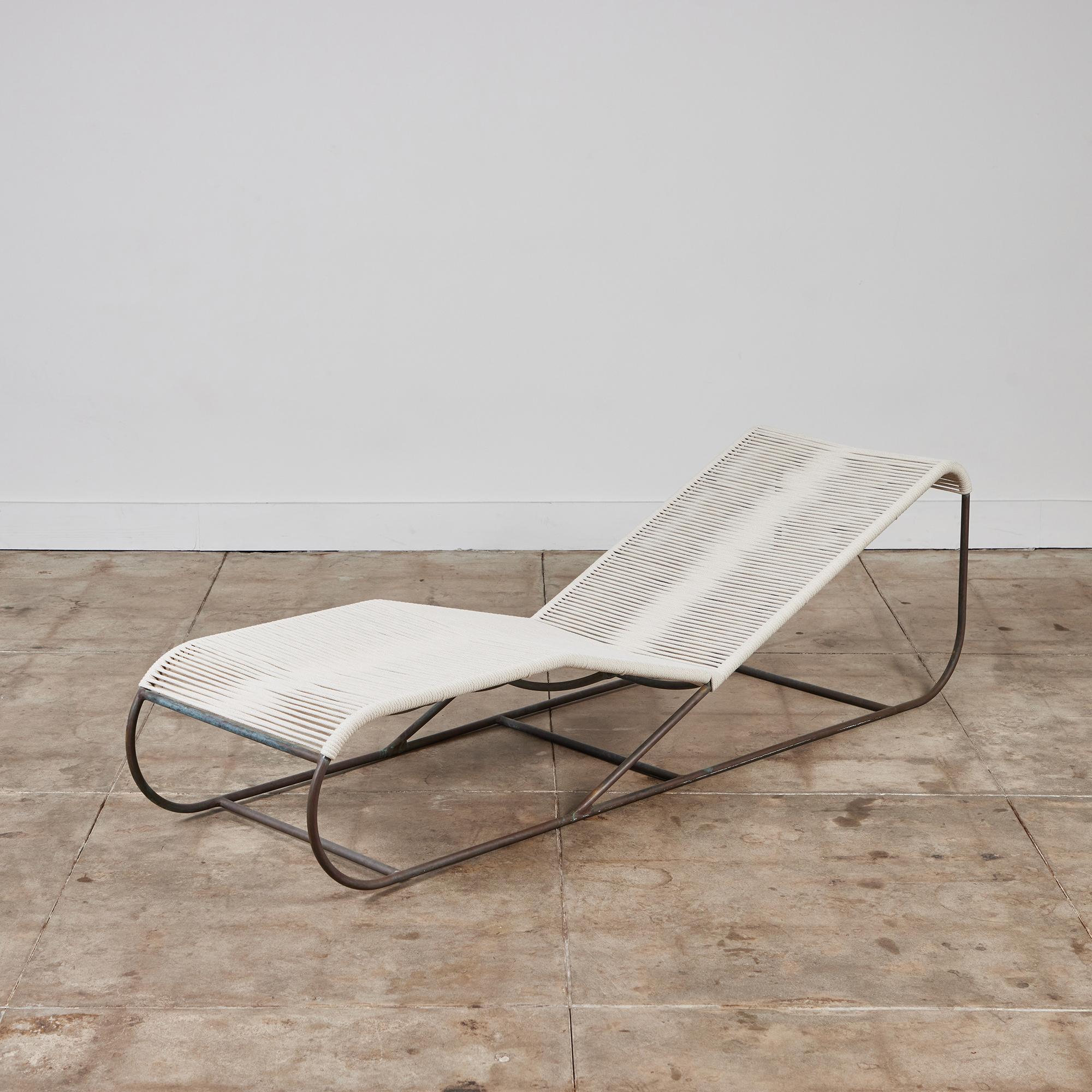 Chaise lounge chair by Kipp Stewart for Terra of California, USA, c.1970s. The chaise features a patinated bronze tube frame with new cotton rope that has been woven to the same pattern and specifications as was originally done on the chaise when