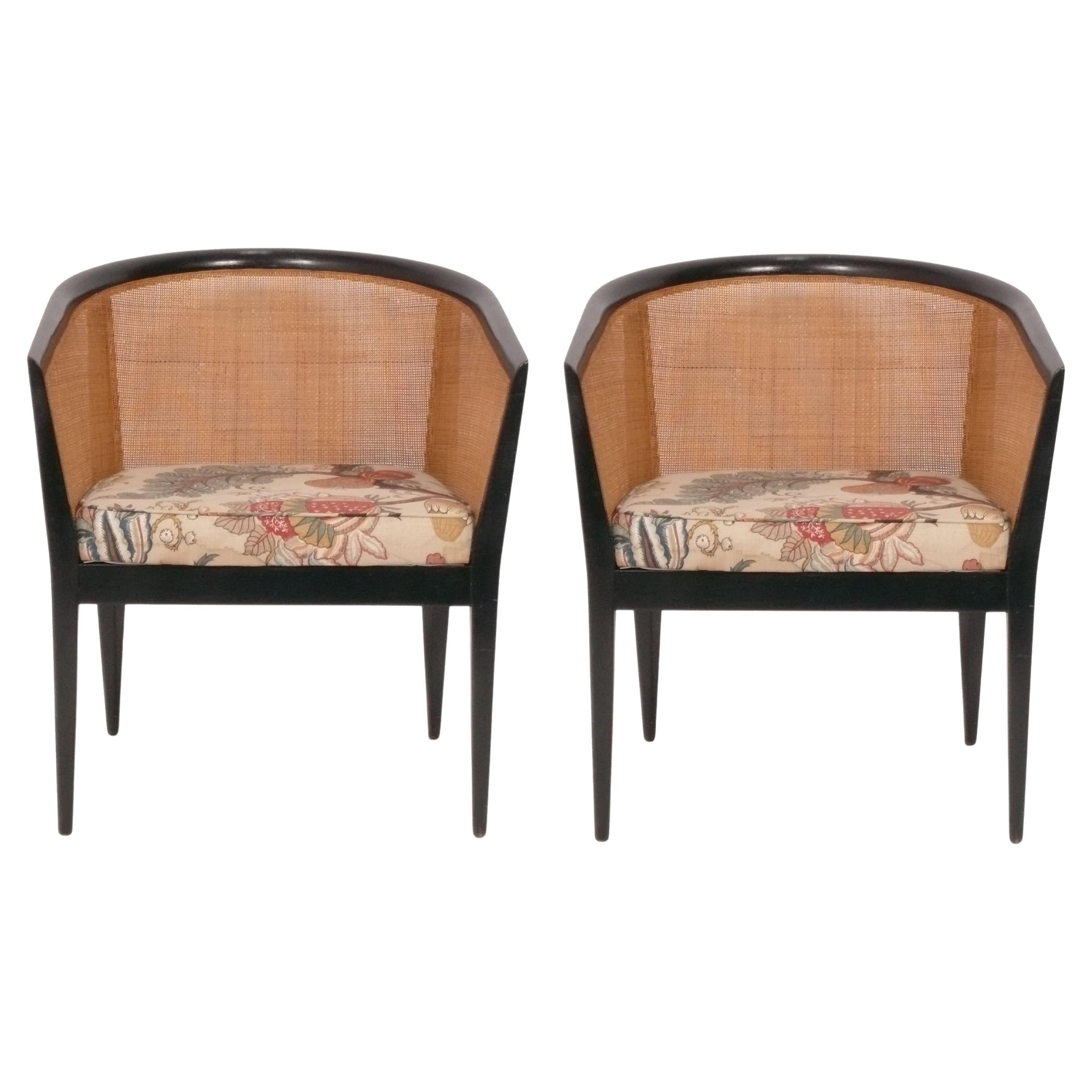 Kipp Stewart Caned Lounge Chairs Mid Century Modern Refinished Reupholstered For Sale