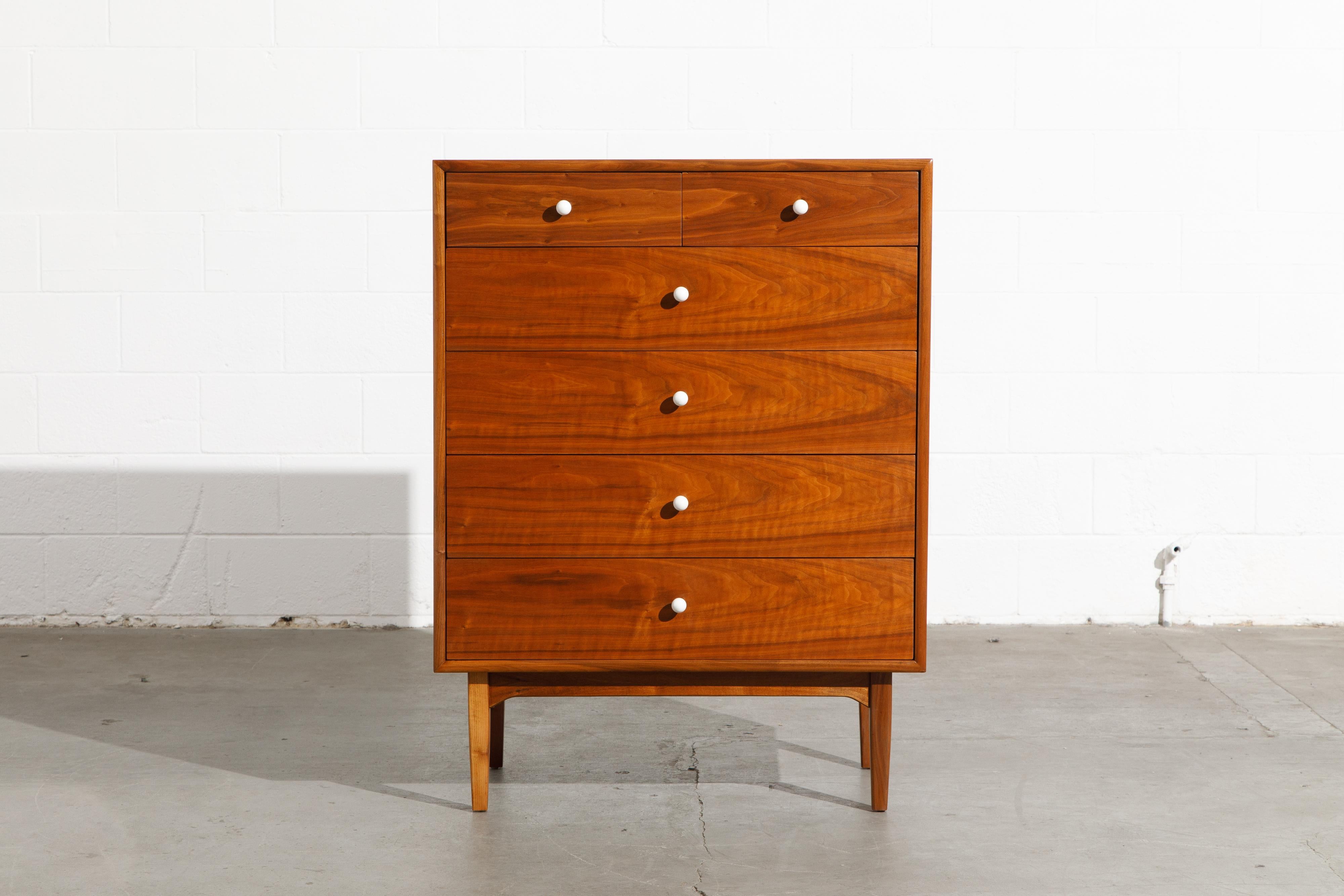 Exceptional Mid-Century Modern six-drawer highboy dresser, designed by Kipp Stewart and Stewart McDougall as part of the 'Declaration' line for Drexel furniture. Fabricated from walnut with striking wood grain and dovetail drawers this beautiful