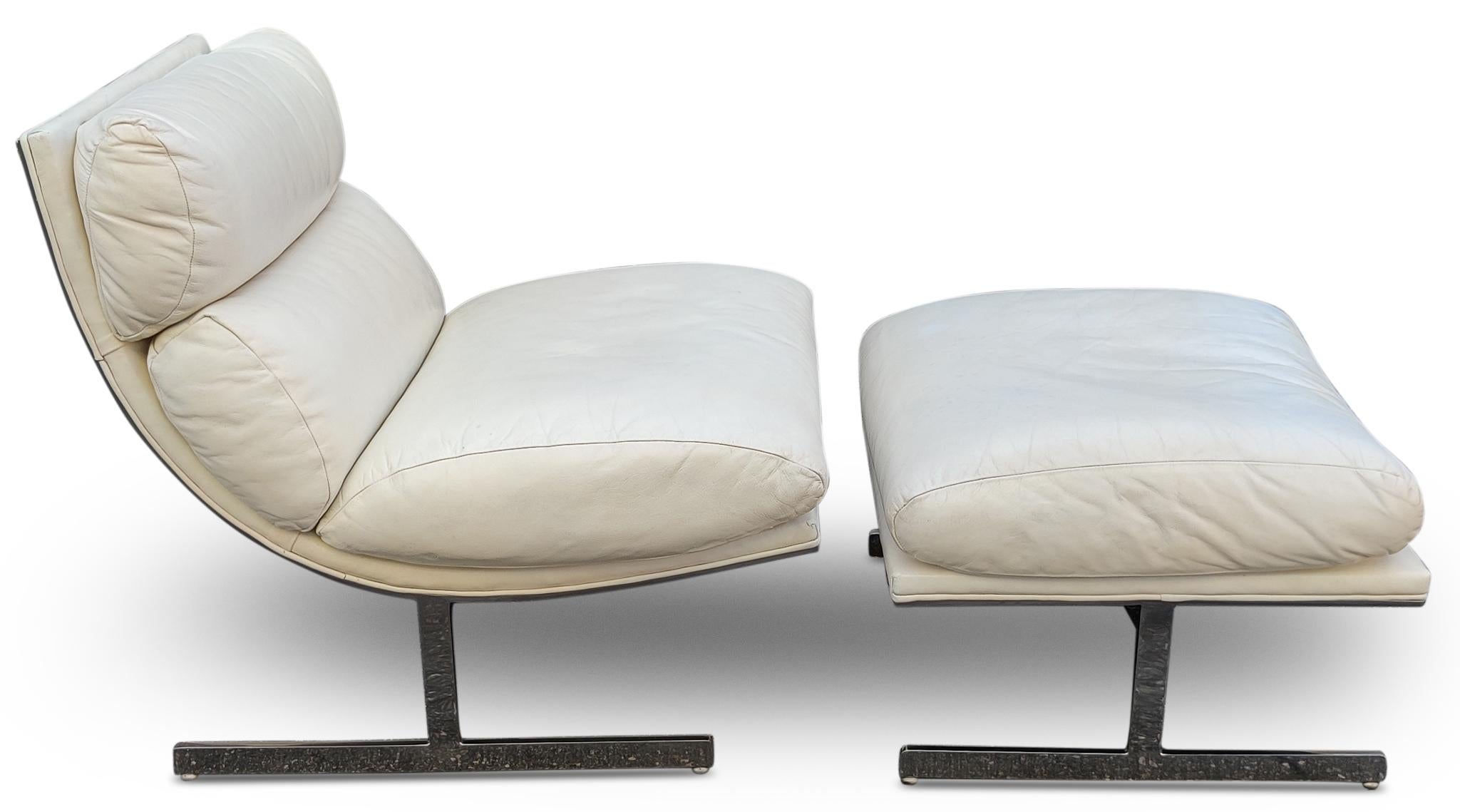 Mid-Century Modern Kipp Stewart Directional Original Leather Stainless Steel Lounge Chair Ottoman For Sale