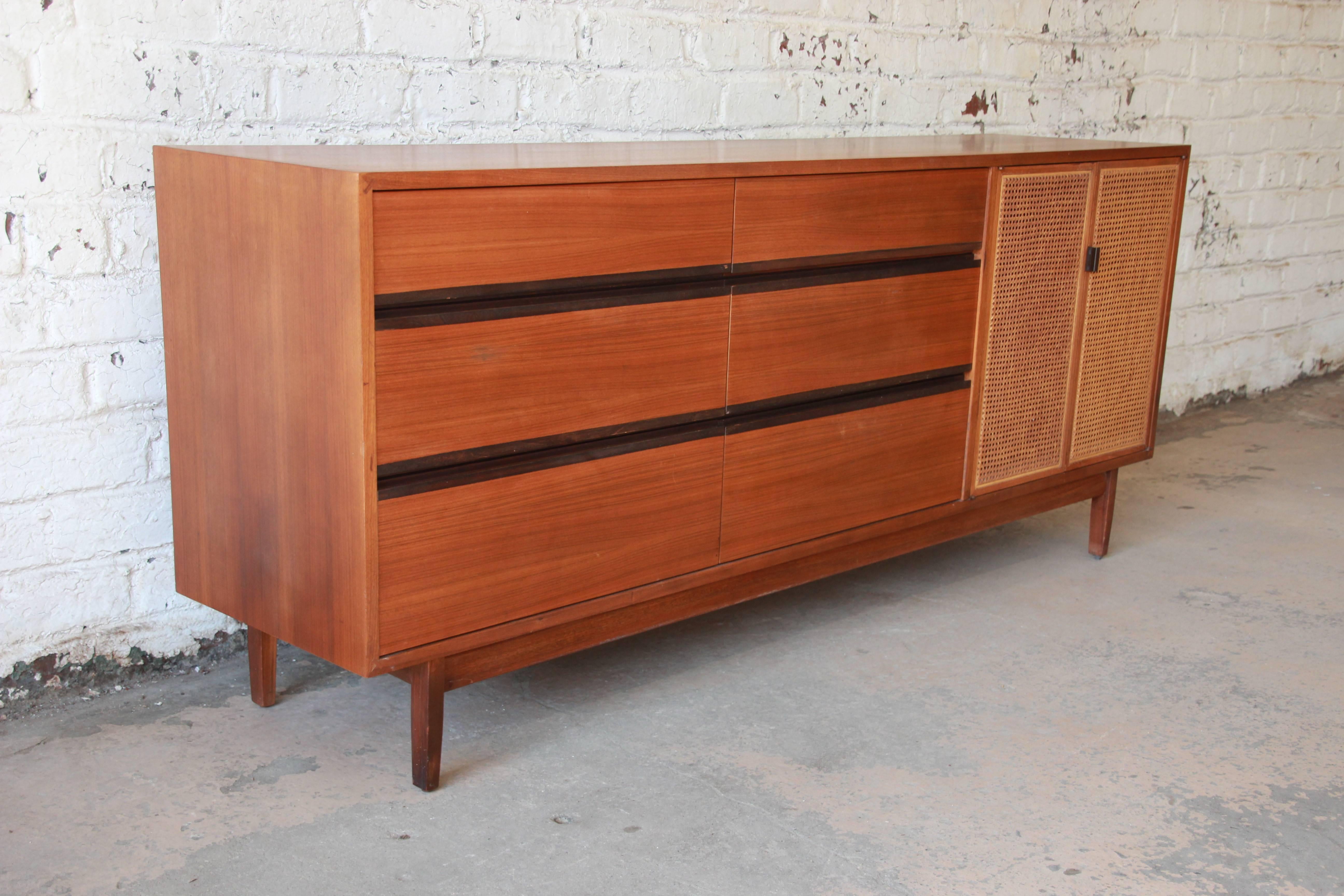 Kipp Stewart for Calvin Mid-Century Modern Walnut and Cane Dresser or Credenza In Good Condition In South Bend, IN