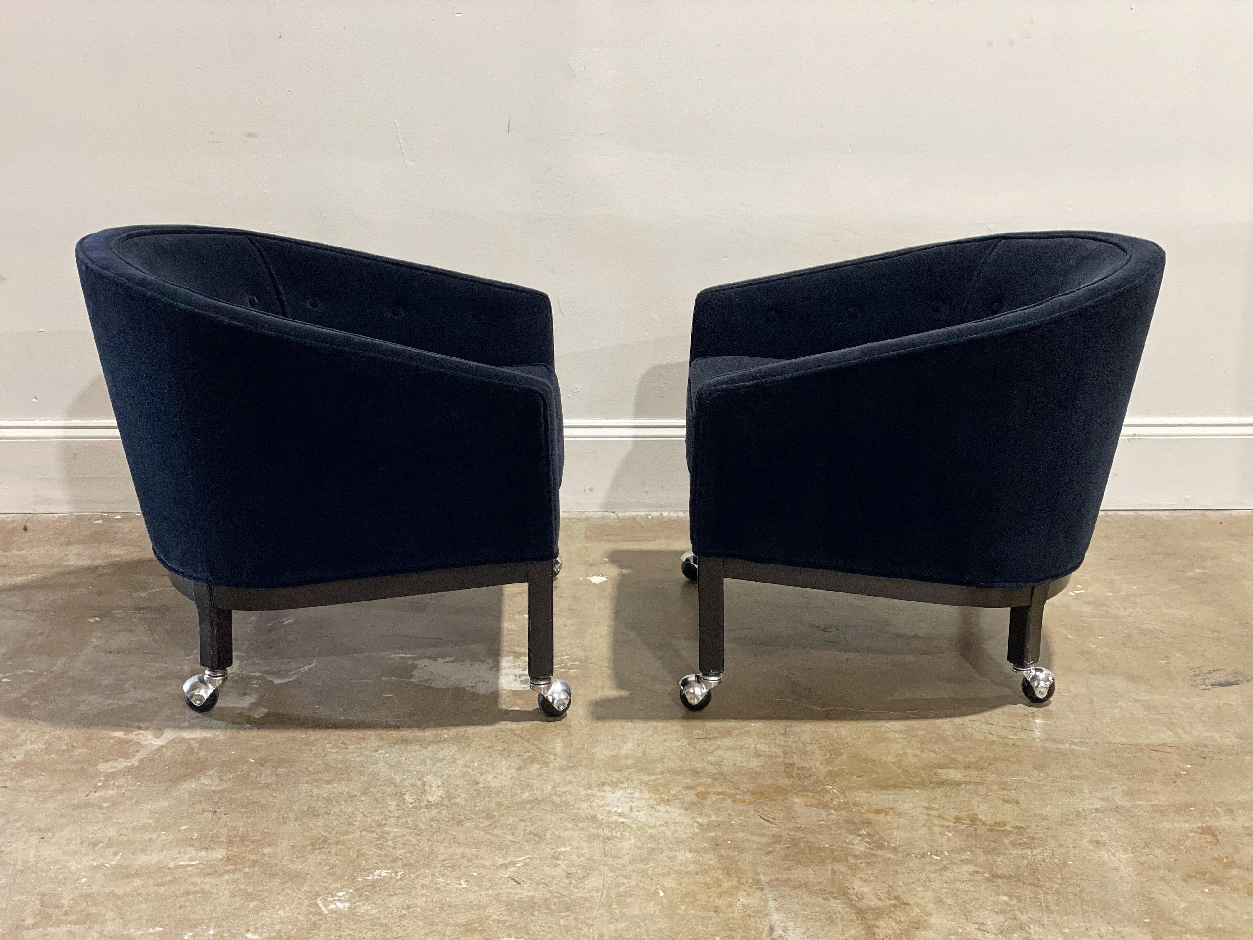 Mid-Century Modern Kipp Stewart for Directional Barrel Back Club Chairs on Casters in Black Velvet