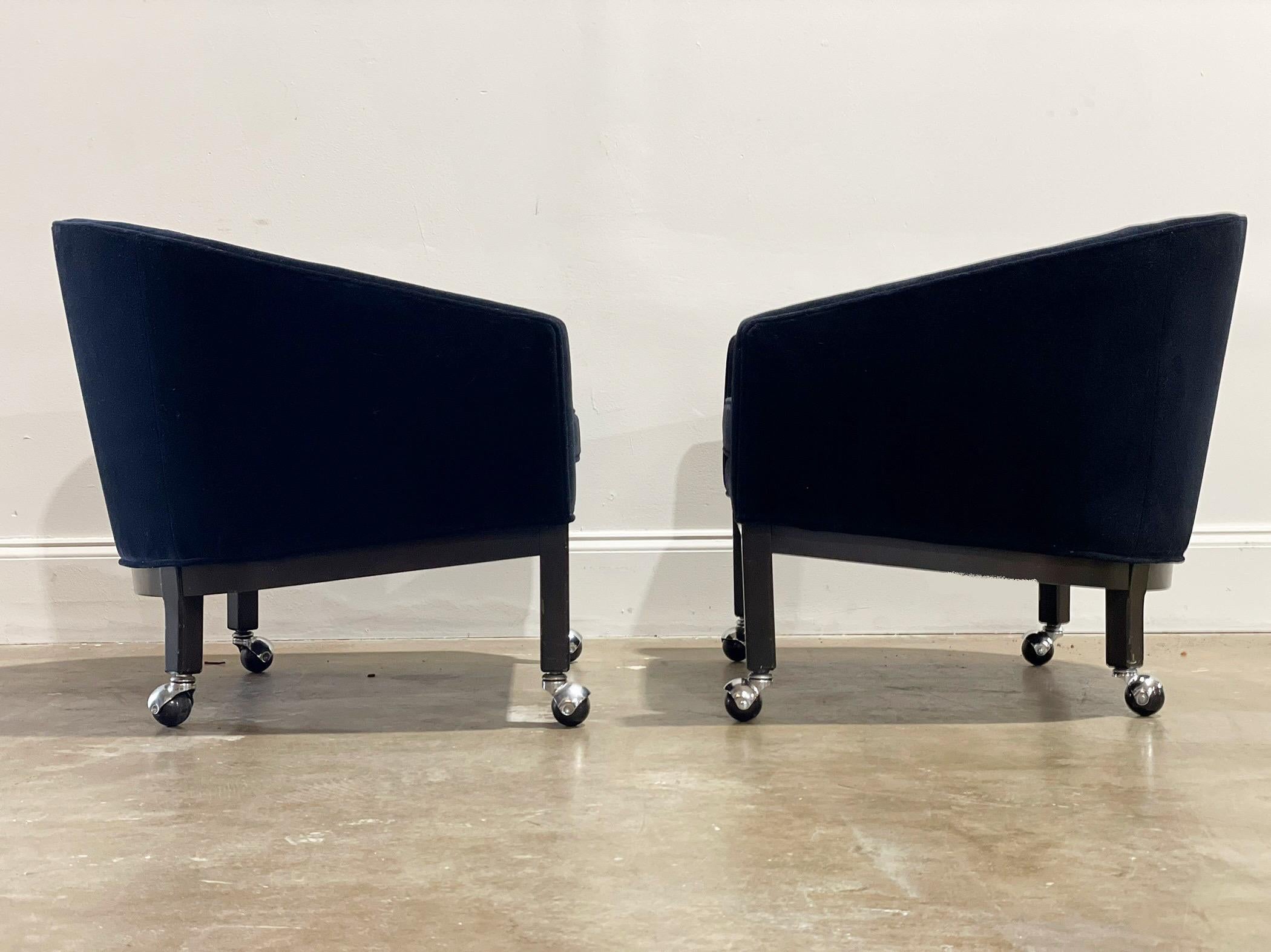 Kipp Stewart for Directional Barrel Back Club Chairs on Casters in Black Velvet In Good Condition In Decatur, GA