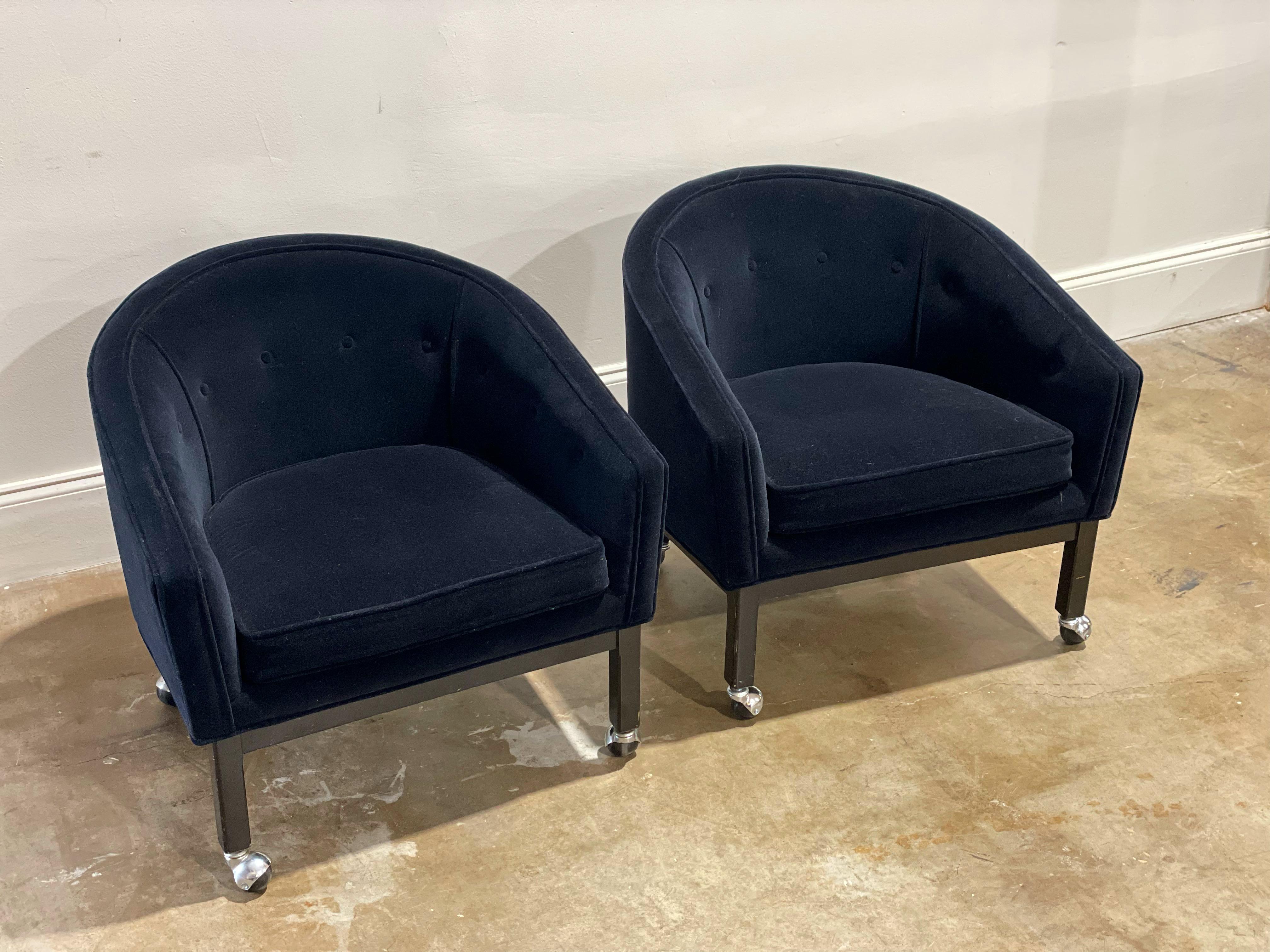 Mid-20th Century Kipp Stewart for Directional Barrel Back Club Chairs on Casters in Black Velvet