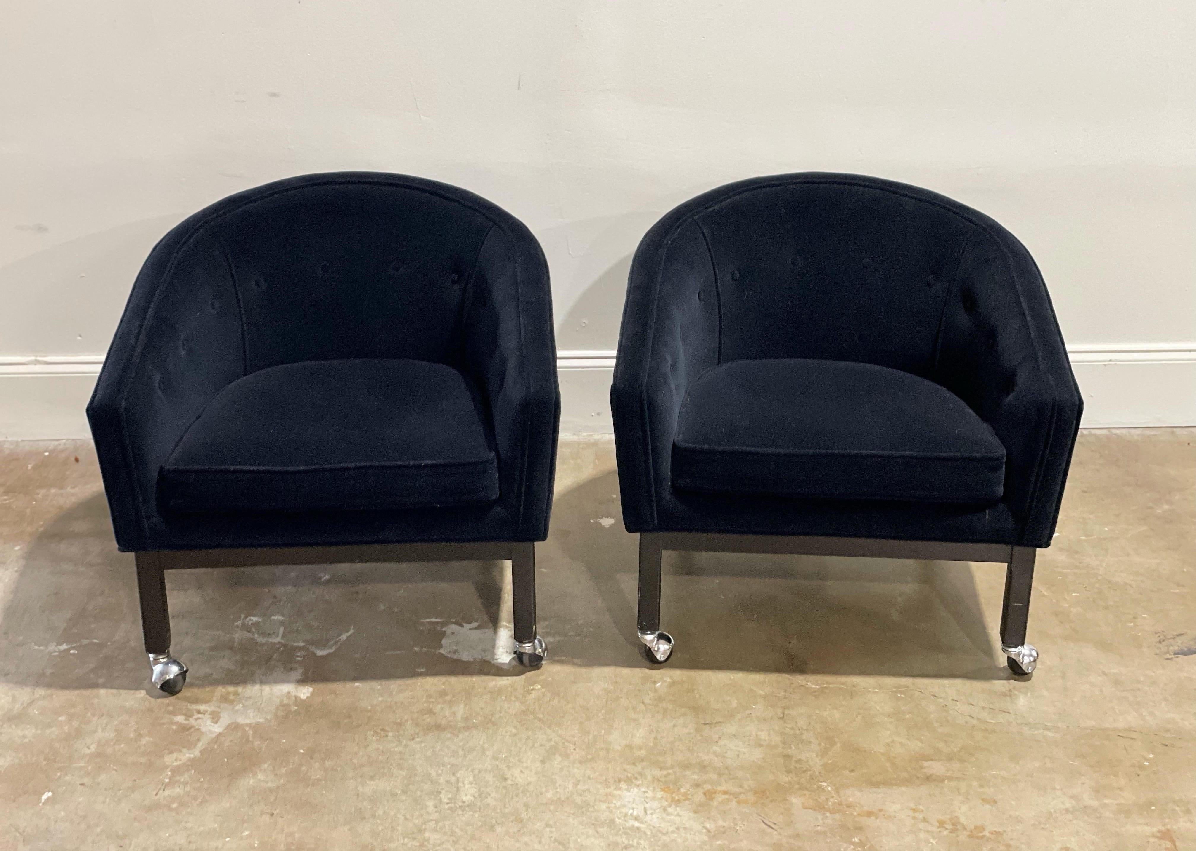 Mid-20th Century Kipp Stewart for Directional Barrel Back Club Chairs on Casters in Black Velvet