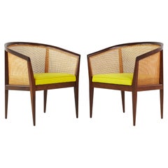 Kipp Stewart for Directional Mid Century Walnut and Cane Lounge Chairs, a Pair