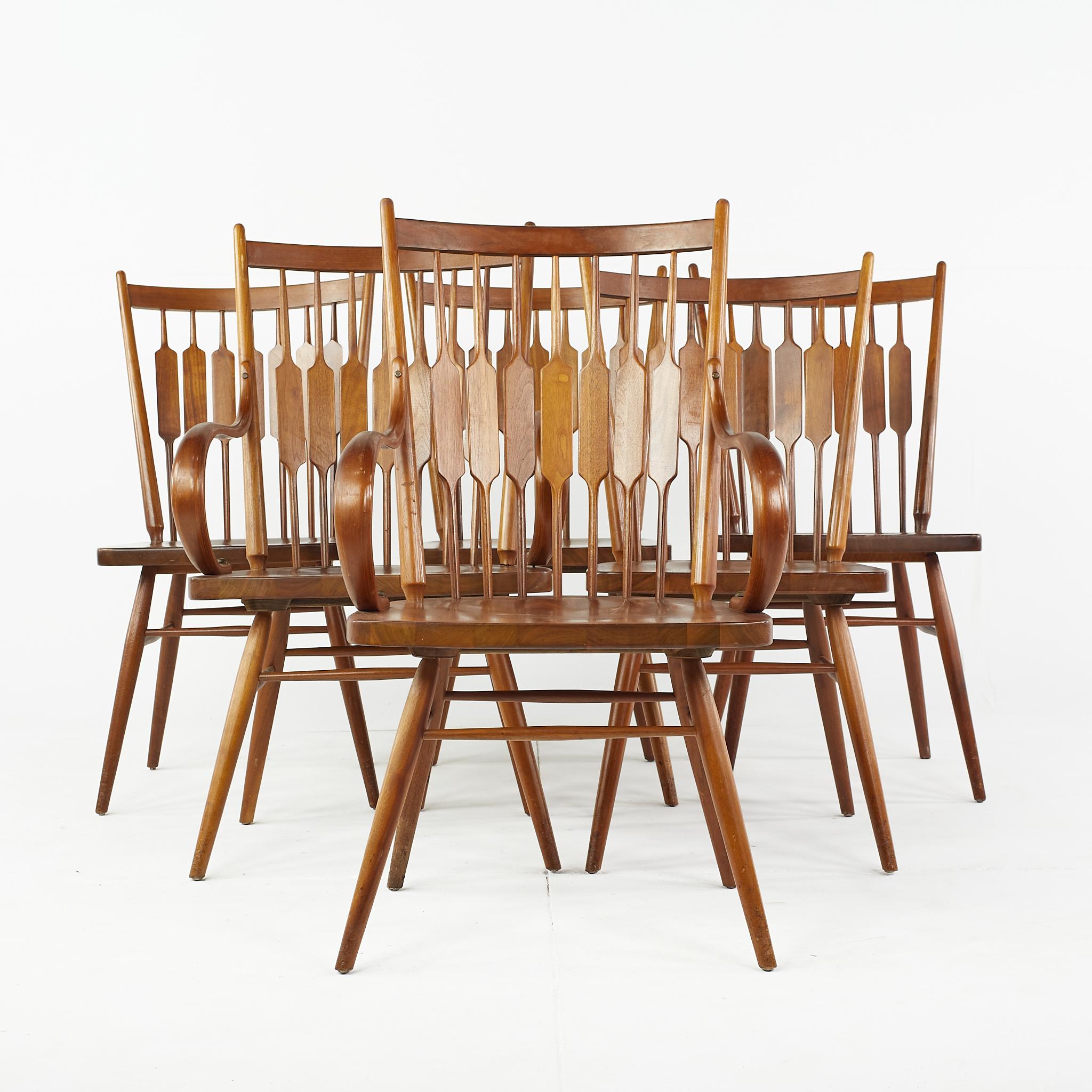 Kipp Stewart for Drexel Centennial mid century walnut dining chairs - set of 6

Each side chair measures: 18 wide x 20.25 deep x 37 high, with a seat height of 18 inches; captains chair measures 23.5 wide x 22.25 deep x 38.75 high, the arm height