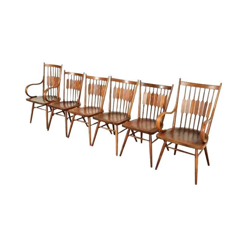 Kipp Stewart for Drexel Declaration Sculpted Walnut Dining Chairs, Set of Six For Sale