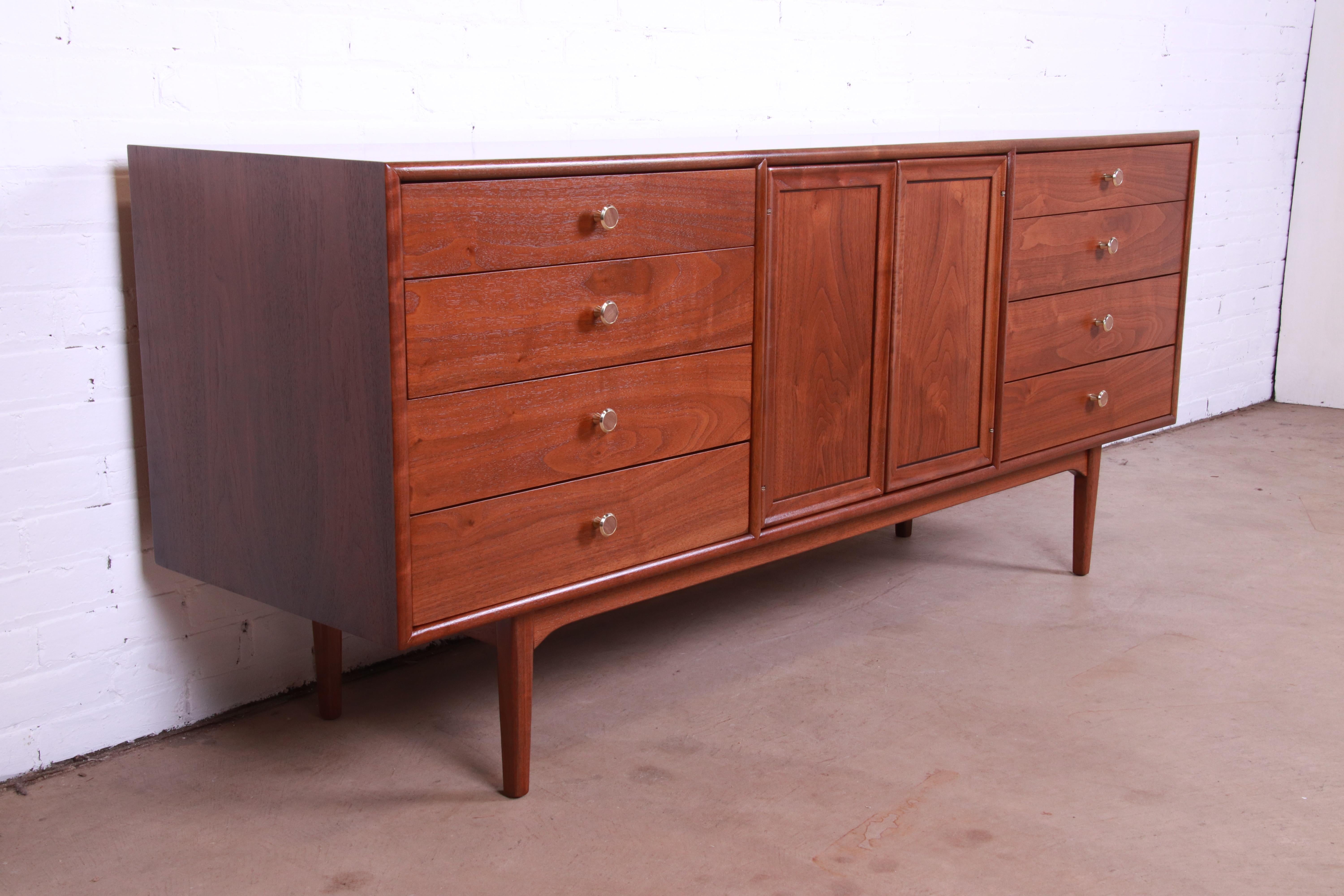 Kipp Stewart for Drexel Declaration Walnut Dresser or Credenza, Newly Refinished In Good Condition For Sale In South Bend, IN