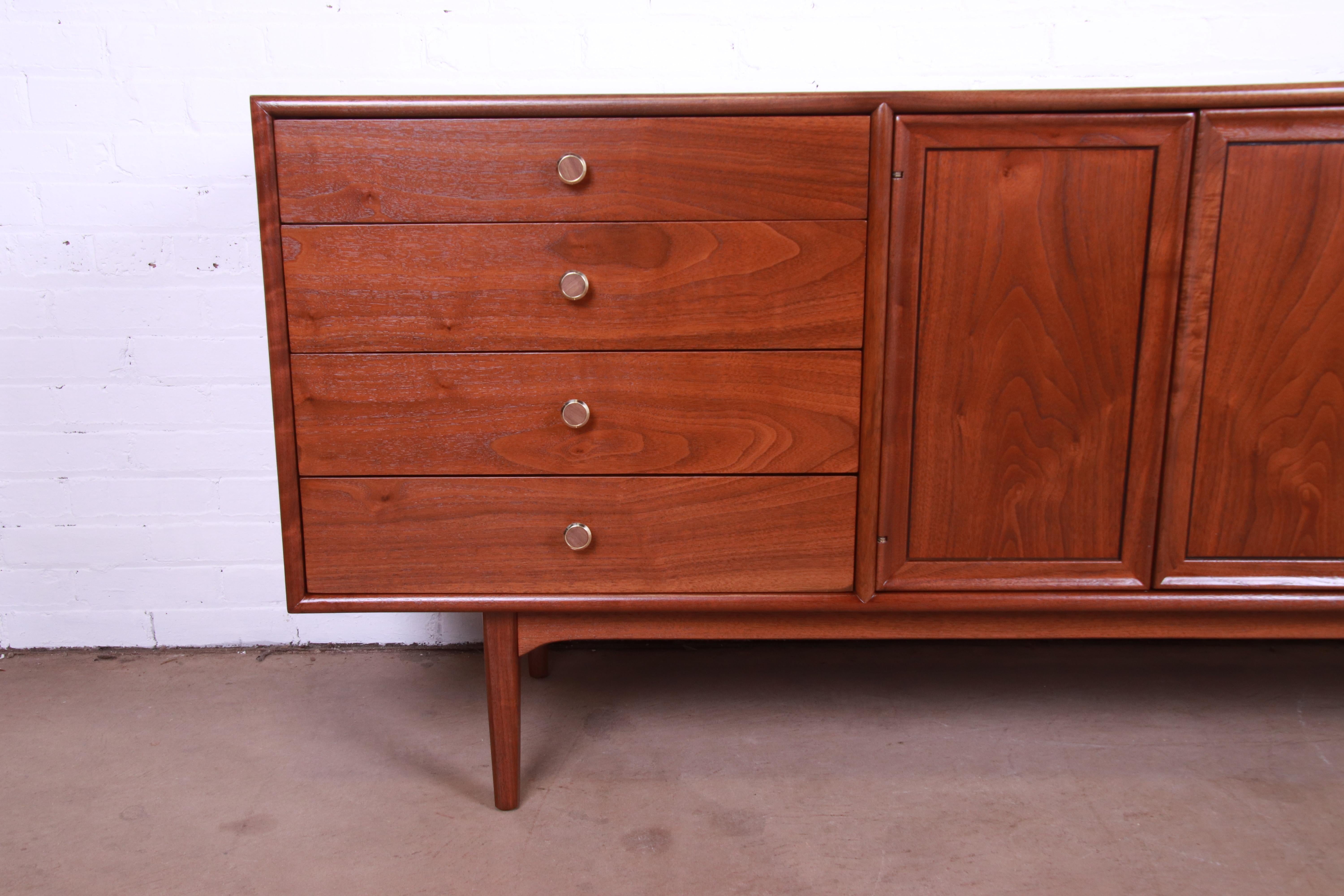 20th Century Kipp Stewart for Drexel Declaration Walnut Dresser or Credenza, Newly Refinished For Sale