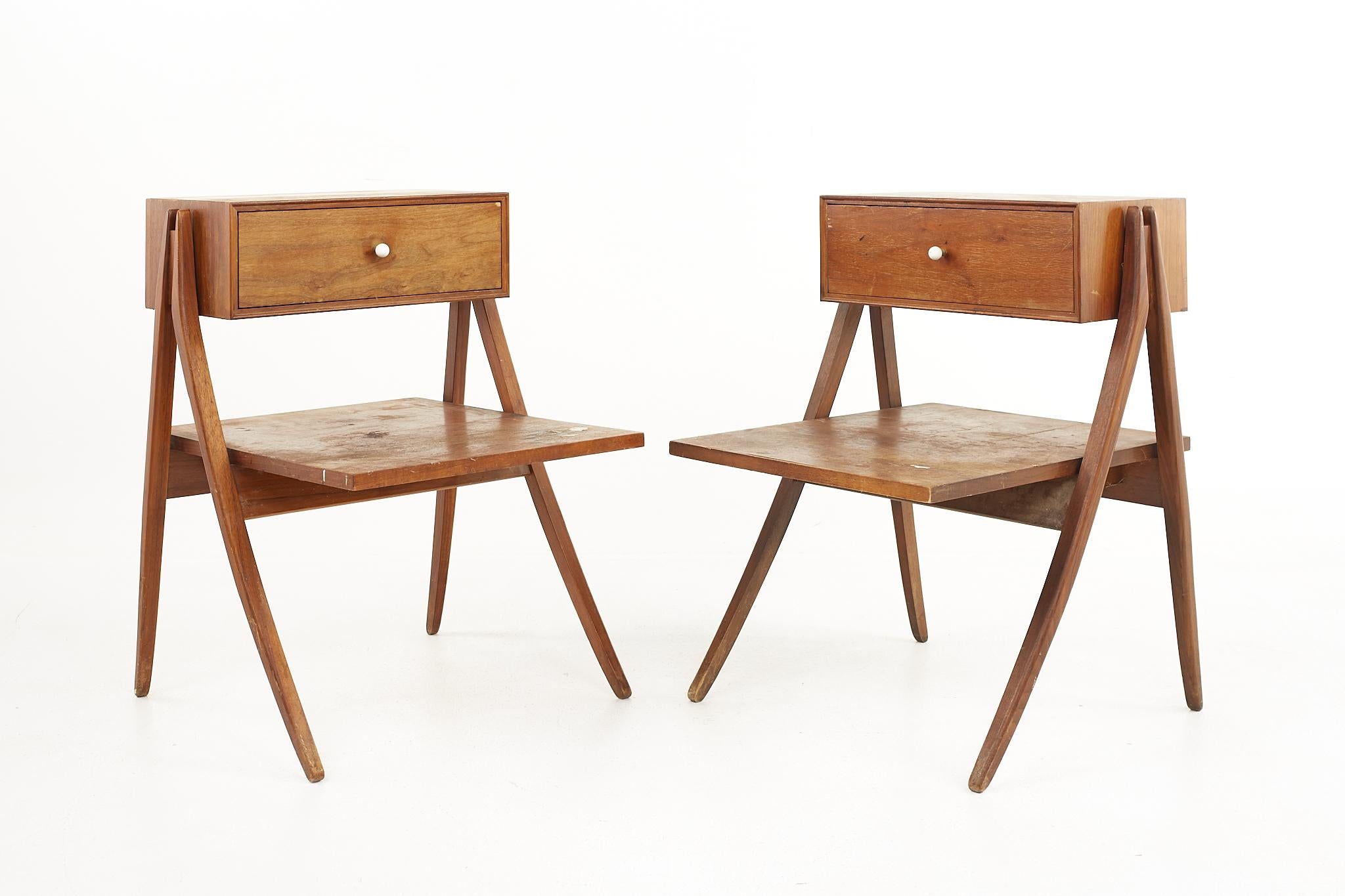 Kipp Stewart for Drexel mid-century sculpted walnut nightstand end tables - a pair

Each nightstand measures: 21.25 wide x 22 deep x 28 inches high

All pieces of furniture can be had in what we call restored vintage condition. That means the