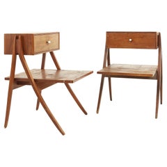 Kipp Stewart for Drexel Mid-Century Sculpted Walnut Nightstand End Tables, a Pa