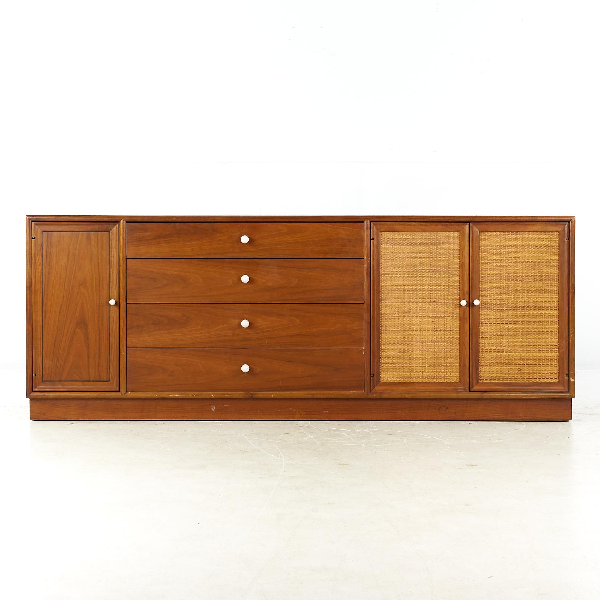 Mid-Century Modern Kipp Stewart for Drexel Mid Century Walnut and Cane Front Buffet and Hutch For Sale