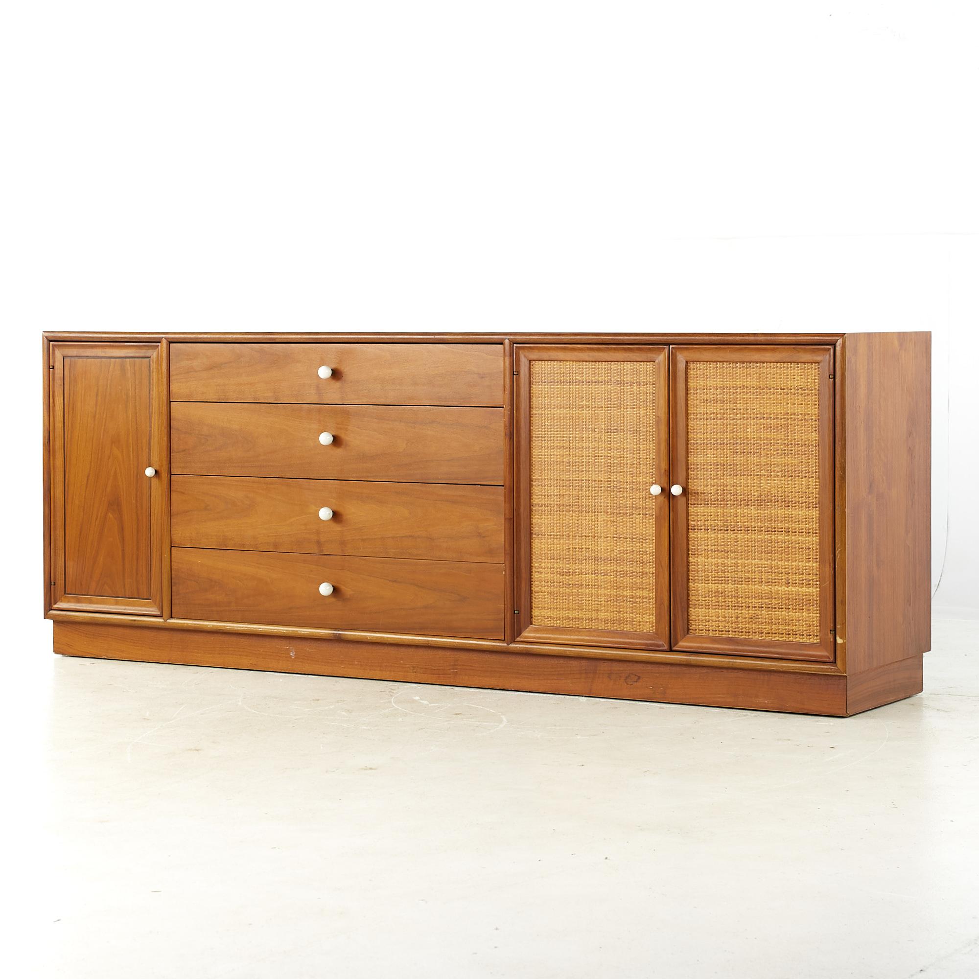 American Kipp Stewart for Drexel Mid Century Walnut and Cane Front Buffet and Hutch For Sale